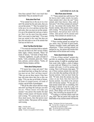 125 LEVITICUS 11:9–36
from those animals! Don’t even touch their
dead bodies! They are unclean for you!
Rules about Sea Food
9“If an animal lives in the sea or in a river
and if the animal has ﬁns and scales, then you
can eat that animal. 10–11But if an animal lives
in the sea or in a river and does not have ﬁns
and scales, then you must not eat that animal.
It is one of the animals the Lord says is bad to
eat. Don’t eat the meat from that animal.
Don’t even touch its dead body! 12You must
treat any animal in the water that does not
have ﬁns and scales as one of the animals that
God says are bad to eat.
Birds That Must Not Be Eaten
13“You must also treat these birds as animals
God says are bad to eat. Don’t eat any of these
birds: eagles, vultures, buzzards, 14kites,* all
kinds of falcons, 15all kinds of black birds,
16ostriches, nighthawks, sea gulls, all kinds of
hawks, 17owls, cormorants, great owls, 18water
hens, pelicans, carrion-vultures, 19storks, all
kinds of herons, hoopoes, and bats.
Rules about Eating Insects
20“If insects have wings and crawl,* then
you should treat them as things the Lord says
you must not eat. Don’t eat those insects!
21But you can eat those insects if they have
legs with joints above their feet so they can
jump. 22You can also eat all kinds of locusts,
all kinds of winged locusts, all kinds of
crickets, and all kinds of grasshoppers.
23“But all the other insects that have wings
and crawl* are things the Lord says you must
not eat. 24Those insects will make you
unclean.* Any person who touches the dead
bodies of these insects will become unclean
until evening. 25If a person picks up one of
those dead insects, then that person must
wash his clothes. That person will be unclean
until evening.
More Rules about Animals
26–27“Some animals have split hooves,* but
the hooves don’t make exactly two parts.
Some animals don’t chew the cud.* Some
animals {don’t have hooves—they} walk on
their paws.* All of those animals are unclean*
for you. Any person who touches them will
become unclean. That person will be unclean
until evening. 28If any person picks up their
dead bodies, that person must wash his
clothes. That person will be unclean until
evening. Those animals are unclean to you.
Rules about Crawling Animals
29“These crawling animals are unclean* for
you: moles, mice, all kinds of great lizards,
30geckos, crocodiles, lizards, sand reptiles, and
chameleons. 31Those crawling animals are
unclean for you. Any person who touches their
dead bodies will be unclean until evening.
Rules about Unclean Animals
32“If any of those unclean* animals dies
and falls on something, then that thing will
become unclean. It might be something made
from wood, cloth, leather, a cloth of sadness
or some work tool. Whatever it is, it must be
washed with water. It will be unclean until
evening. Then it will become clean again. 33If
any of those unclean animals dies and falls
into a clay dish, then anything in the dish will
become unclean. And you must break the
dish. 34If water {from the unclean clay dish}
comes on any food, then that food will
become unclean. Any drink in the unclean
dish will become unclean. 35If any part of a
dead unclean animal falls on something, then
that thing is unclean. It may be a {clay} oven
or a {clay} baking pan. It must be broken into
pieces. Those things will not be clean {any
more}. They will always be unclean for you.
36“A spring or a well that collects water will
{stay} clean.* But any person who touches the
dead bodies of any unclean animal will become
kite(s) A bird like a hawk.
crawl Literally, “walk on four feet.”
unclean Not pure or not acceptable to God for worship.
hooves The hard part of the foot of certain animals.
cud The food that is brought up from the stomach of some
animals (like cows) and chewed again.
paws The soft feet with claws on certain animals.
clean Pure or acceptable to God for worship.
 