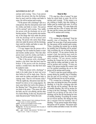 132LEVITICUS 15:7–27
unclean until evening. 7Also, if any person
touches the person who has the discharge,
then he must wash his clothes and bathe in
water. He will be unclean until evening.
8“If the person with a discharge* spits on a
clean person, then the clean person must wash
his clothes and bathe in water. This person
will be unclean* until evening. 9Any saddle
the person with the discharge sits on will
become unclean. 10So any person who touches
any of the things that were under the person
with the discharge will be unclean until
evening. The person who carries these things
{that were under the person with the discharge}
must wash his clothes and bathe in water. He
will be unclean until evening.
11“It may happen that the person with a
discharge* has not washed his hands in water
and touches another person. Then that other
person must wash his clothes and bathe in
water. He will be unclean* until evening.
12“But if the person with a discharge*
touches a clay bowl, then that bowl must be
broken. If the person with the discharge
touches a wooden bowl, then that bowl must
be washed in water.
13“When the person with a discharge* is
ready to be made clean, he must wait seven
days before he will be made clean. Then he
must wash his clothes and bathe his body in
running water. Then he will become clean.*
14On the eighth day, that person must take for
himself two doves or two young pigeons. He
must come before the Lord at the entrance of
the Meeting Tent.* That person will give the
two birds to the priest. 15The priest will offer
the birds, one for a sin offering, and the other
for a burnt offering. In this way, the priest will
make that person pure* before the Lord.
Rules for Men
16“If a man has a ﬂow of semen,* he must
bathe his whole body in water. He will be
unclean until evening. 17If the semen is on
any clothing or leather, then that clothing or
leather must be washed with water. It will be
unclean* until evening. 18If a man sleeps with
a woman and has a ﬂow of semen, then both
the man and the woman must bathe in water.
They will be unclean until evening.
Rules for Women
19“If a woman has a discharge* from her
monthly time of bleeding, she will be
unclean* for seven days. If any person touches
her, that person will be unclean until evening.
20Also, everything the woman lies on during
her monthly time of bleeding will be unclean.
And everything she sits on during that time
will be unclean. 21If any person touches the
woman’s bed, that person must wash his
clothes and bathe in water. He will be unclean
until evening. 22If any person touches
anything the woman has sat on, that person
must wash his clothes and bathe in water. He
will be unclean until evening. 23It does not
matter if the person touched the woman’s bed
or if he touched something she sat on, that
person will be unclean until evening.
24“And if a man has sexual relations with a
woman during her monthly time of bleeding,
then the man will be unclean* seven days.
Every bed that man lies on will be unclean.
25“If a woman has a discharge* of blood
many days, not during her time of her monthly
bleeding, or if she has a discharge after that
time, then she will be unclean,* like the time
of monthly bleeding. She will be unclean for
as long as she has a discharge. 26Any bed the
woman lies on during all the time of her
discharge will be like her bed during her time
of monthly bleeding. Everything the woman
sits on will be unclean, like during the time
she is unclean from her monthly time of
bleeding. 27If any person touches those things,
that person will be unclean. That person must
wash his clothes and bathe in water. He will be
discharge Fluid from a person’s body, including pus from sores,
a man’s semen, or a woman’s period ﬂow.
unclean Not pure or not acceptable to God for worship.
clean Pure or acceptable to God for worship.
Meeting Tent The Holy Tent (tabernacle) where the people of
Israel went to meet with God.
make … pure Literally, “make atonement.” The Hebrew word
means “to cover,” “to hide,” or “to erase sins.” semen The ﬂuid produced by a man’s sexual organs.
 