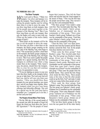 166NUMBERS 10:1–25
The Silver Trumpets
10The Lord said to Moses: 2“Make two
trumpets. Use silver and hammer it to
make the trumpets. These trumpets will be for
calling the people together and for telling
them when it is time to move the camp. 3If
you blow long blasts on both trumpets, then
all the people must meet together at the
entrance of the Meeting Tent.* 4But if you
blow long blasts on only one trumpet, then
only the leaders will come to meet with you.
(These are the leaders of the twelve family
groups of Israel.)
5“Short blasts on the trumpets will be the
way to tell the people to move the camp.
The first time you blow a short blast on the
trumpets, the family groups camping on the
east {side of the Meeting Tent} must begin to
move. 6The second time you blow a short blast
on the trumpets, the family groups camping on
the south {side of the Meeting Tent} will begin
to move. 7But if you want to gather the people
together for a special meeting, then blow the
trumpets in a different way—blow a long
steady blast on the trumpets. 8Only Aaron’s
sons, the priests, should blow the trumpets.
This is a law for you that will continue
forever, for generations to come.
9“If you are ﬁghting an enemy in your own
land, then blow loudly on the trumpets before
you go to ﬁght them. The Lord your God will
hear you, and he will save you from your
enemies. 10Also you should blow these
trumpets for your special meetings, new moon
days, and all your happy times together. Blow
the trumpets when you give your burnt
offerings and fellowship offerings. This will
be a special way for the Lord your God to
remember you. I command you to do this; I
am the Lord your God.”
The People of Israel Move Their Camp
11On the 20th day of the second month of
the second year after the people of Israel left
Egypt, the cloud rose from above the Tent of
the Agreement.* 12So the people of Israel
began their journeys. They left the Sinai
desert and traveled until the cloud stopped in
the desert of Paran. 13This was the ﬁrst time
the people moved their camp. They moved it
the way the Lord commanded Moses.
14The three groups* from Judah’s camp
went ﬁrst. They traveled under their ﬂag. The
first group was Judah’s family group.
Nahshon son of Amminadab was the
commander of that group. 15Next came
Issachar’s family group. Nethanel son of Zuar
was the commander of that group. 16And then
came Zebulun’s family group. Eliab son of
Helon was the commander of that group.
17Then the Holy Tent* was taken down.
And the men from the Gershon and the Merari
families carried the Holy Tent. So the people
from these families were next in line.
18Then came the three groups* from
Reuben’s camp. They traveled under their
flag. The first group was Reuben’s family
group. Elizur son of Shedeur was the
commander of that group. 19Next came
Simeon’s family group. Shelumiel son of
Zurishaddai was the commander of that group.
20And then came Gad’s family group.
Eliasaph son of Deuel* was the commander of
that group. 21Then came the people from the
Kohath family. They carried the holy things
{from inside the Holy Place}. These people
came at this time so that the other people
could set up the Holy Tent* and make it ready
{at the new camp} before these people arrived.
22Next came the three groups from
Ephraim’s camp. They traveled under their ﬂag.
The ﬁrst group was Ephraim’s family group.
Elishama son of Ammihud was the commander
of that group. 23Next came Manasseh’s family
group. Gamaliel son of Pedahzur was the
commander of that group. 24Then came
Benjamin’s family group. Abidan son of
Gideoni was the commander of that group.
25The last three family groups in the line
were the rear guard for all the other family
Meeting Tent The Holy Tent (tabernacle) where the people of
Israel went to meet with God.
Tent of the Agreement The Holy Tent (tabernacle) where the
Box of the Agreement was kept.
group(s) Or, “division(s).” This is a military term that shows
Israel was organized like an army.
Holy Tent Or, “tabernacle,” the tent where God came to live
among his people.
Deuel Or, “Reuel.”
 