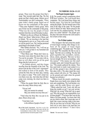 167 NUMBERS 10:26–11:13
groups. These were the groups from Dan’s
camp. They traveled under their flag. The first
group was Dan’s family group. Ahiezer son of
Ammishaddai was their commander. 26Next
came Asher’s family group. Pagiel son of
Ocran was the commander of that group.
27Then came Naphtali’s family group. Ahira
son of Enan was the commander of that group.
28That was the way the people of Israel
marched when they moved from place to place.
29Hobab was the son of Reuel, the Midianite.
(Reuel was Moses’ father-in-law.) Moses said
to Hobab, “We are traveling to the land that
God promised to give to us. Come with us and
we will be good to you. The Lord has promised
good things to the people of Israel.”
30But Hobab answered, “No, I will not go
with you. I will go back to my homeland and
to my own people.”
31Then Moses said, “Please don’t leave us.
You know more about the desert than we do.
You can be our guide. 32If you come with us,
then we will share with you all the good
things that the Lord gives us.”
33 {So Hobab agreed,} and they began
traveling from the mountain of the Lord. The
priests took the Box of the Lord’s Agreement*
and walked in front of the people. They
carried the Holy Box for three days, looking
for a place to camp. 34The Lord’s cloud was
over them every day. And when they left their
camp every morning, the cloud was there to
lead them.
35When the people lifted the Holy Box to
move the camp, Moses always said,
“Get up, Lord!
May your enemies be scattered.
May your enemies run away from you.”
36And when the Holy Box was put in its
place, Moses always said,
“Come back, Lord,
to the millions of people of Israel.”
The People Complain Again
11The people started complaining about
their troubles. The Lord heard their
complaints. The Lord heard these things and
became angry. Fire from the Lord burned
among the people. The ﬁre burned some of the
areas at the edge of the camp. 2So the people
cried to Moses for help. Moses prayed to the
Lord and the fire stopped burning. 3So that
place was called Taberah.* The people gave
the place that name because the Lord caused a
ﬁre to burn in their camp.
The 70 Older Leaders
4The foreigners that had joined the people
of Israel began wanting other things to eat.
Soon all the people of Israel began
complaining again. The people said, “We want
to eat meat! 5We remember the ﬁsh we ate in
Egypt. That ﬁsh cost us nothing. We also had
good vegetables like cucumbers, melons,
chives, onions, and garlic. 6But now we have
lost our strength. We never eat anything—only
this manna!” 7(The manna was like small
coriander seeds, and it looked like gum from a
tree. 8The people gathered the manna. Then
they used rocks to crush it and cooked it in a
pot. Or they ground it into a ﬂour and made
thin cakes with it. The cakes tasted like sweet
cakes cooked with olive oil. 9The manna fell
on the ground each night when the ground
became wet with dew.)
10Moses heard the people complaining.
People from every family were sitting by their
tents and complaining. The Lord became very
angry, and this made Moses very upset.
11Moses asked the Lord, “Lord, why did you
bring this trouble on me? I am your servant.
What did I do wrong? What did I do to upset
you? Why did you give me responsibility over
all these people? 12You know that I am not the
father of all these people. You know that I did
not give birth to them. But I must take care of
them, like a nurse carrying a baby in her arms.
Why do you force me to do this? Why do you
force me to carry them to the land that you
promised to our fathers? 13I don’t haveBox of the Lord’s Agreement Holy Box or ark of the
Covenant,” the box containing the flat stones with the Ten
Commandments written on them. These were proof of the
Agreement between God and the people of Israel. Taberah This name means “burning.”
 