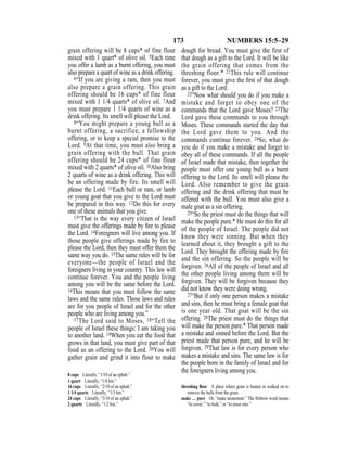 173 NUMBERS 15:5–29
grain offering will be 8 cups* of fine flour
mixed with 1 quart* of olive oil. 5Each time
you offer a lamb as a burnt offering, you must
also prepare a quart of wine as a drink offering.
6“If you are giving a ram, then you must
also prepare a grain offering. This grain
offering should be 16 cups* of fine flour
mixed with 1 1/4 quarts* of olive oil. 7And
you must prepare 1 1/4 quarts of wine as a
drink offering. Its smell will please the Lord.
8“You might prepare a young bull as a
burnt offering, a sacrifice, a fellowship
offering, or to keep a special promise to the
Lord. 9At that time, you must also bring a
grain offering with the bull. That grain
offering should be 24 cups* of fine flour
mixed with 2 quarts* of olive oil. 10Also bring
2 quarts of wine as a drink offering. This will
be an offering made by fire. Its smell will
please the Lord. 11Each bull or ram, or lamb
or young goat that you give to the Lord must
be prepared in this way. 12Do this for every
one of these animals that you give.
13“That is the way every citizen of Israel
must give the offerings made by ﬁre to please
the Lord. 14Foreigners will live among you. If
those people give offerings made by fire to
please the Lord, then they must offer them the
same way you do. 15The same rules will be for
everyone—the people of Israel and the
foreigners living in your country. This law will
continue forever. You and the people living
among you will be the same before the Lord.
16This means that you must follow the same
laws and the same rules. Those laws and rules
are for you people of Israel and for the other
people who are living among you.”
17The Lord said to Moses, 18“Tell the
people of Israel these things: I am taking you
to another land. 19When you eat the food that
grows in that land, you must give part of that
food as an offering to the Lord. 20You will
gather grain and grind it into flour to make
dough for bread. You must give the first of
that dough as a gift to the Lord. It will be like
the grain offering that comes from the
threshing floor.* 21This rule will continue
forever, you must give the ﬁrst of that dough
as a gift to the Lord.
22“Now what should you do if you make a
mistake and forget to obey one of the
commands that the Lord gave Moses? 23The
Lord gave these commands to you through
Moses. These commands started the day that
the Lord gave them to you. And the
commands continue forever. 24So, what do
you do if you make a mistake and forget to
obey all of these commands. If all the people
of Israel made that mistake, then together the
people must offer one young bull as a burnt
offering to the Lord. Its smell will please the
Lord. Also remember to give the grain
offering and the drink offering that must be
offered with the bull. You must also give a
male goat as a sin offering.
25“So the priest must do the things that will
make the people pure.* He must do this for all
of the people of Israel. The people did not
know they were sinning. But when they
learned about it, they brought a gift to the
Lord. They brought the offering made by ﬁre
and the sin offering. So the people will be
forgiven. 26All of the people of Israel and all
the other people living among them will be
forgiven. They will be forgiven because they
did not know they were doing wrong.
27“But if only one person makes a mistake
and sins, then he must bring a female goat that
is one year old. That goat will be the sin
offering. 28The priest must do the things that
will make the person pure.* That person made
a mistake and sinned before the Lord. But the
priest made that person pure, and he will be
forgiven. 29That law is for every person who
makes a mistake and sins. The same law is for
the people born in the family of Israel and for
the foreigners living among you.
8 cups Literally, “1/10 of an ephah.”
1 quart Literally, “1/4 hin.”
16 cups Literally, “2/10 of an ephah.”
1 1/4 quarts Literally, “1/3 hin.”
24 cups Literally, “3/10 of an ephah.”
2 quarts Literally, “1/2 hin.”
threshing ﬂoor A place where grain is beaten or walked on to
remove the hulls from the grain.
make … pure Or, “make atonement.” The Hebrew word means
“to cover,” “to hide,” or “to erase sins.”
 