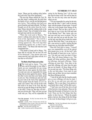 177 NUMBERS 17:7–18:13
Aaron. 7Moses put the walking sticks before
the Lord in the Tent of the Agreement.*
8The next day Moses entered the Tent. He
saw that Aaron’s walking stick, the stick from
the family of Levi, was the one that had grown
new leaves. That walking stick had even
grown branches and made almonds. 9So Moses
brought out all the sticks from the Lord’s
place. Moses showed the walking sticks to the
people of Israel. They all looked at the sticks,
and each man took his own stick back.
10Then the Lord said to Moses, “Put
Aaron’s walking stick {back into the Tent} in
front of the Agreement.* This will be a
warning for these people who are always
turning against me. This will stop their
complaining against me, so that I won’t
destroy them.” 11So Moses did what the Lord
commanded him.
12The people of Israel said to Moses, “We
know that we will die! We are lost! We will
all be destroyed! 13Any person who even
comes near the Lord’s holy place will die. Is it
true that we will all die?”
The Work of the Priests and Levites
18The Lord said to Aaron, “You, your
sons, and all the people in your father’s
family are now responsible for any wrong
things that are done against the holy place.
You and your sons are responsible for wrong
things that are done against the priests. 2Bring
the other Levite men from your family group
to join you. They will help you and your sons
do your work in the Tent of the Agreement.*
3Those people from the family of Levi are
under your control. They will do all the work
that needs to be done in the Tent. But they
must not go near the things in the Holy Place*
or the altar.* If they do, then they will die—
and you will die also. 4They will join you and
work with you. They will be responsible for
caring for the Meeting Tent.* All the work
that must be done in the Tent will be done by
them. No one else may come near the place
where you are.
5“You are responsible for caring for the holy
place and the altar.* I don’t want to become
angry with the people of Israel again. 6I myself
chose the Levite people from among all the
people of Israel. They are like a gift to you. I
gave them to you to serve the Lord and work
in the Meeting Tent.* 7But, Aaron, only you
and your sons may serve as priests. You are
the only ones that can go near the altar. You
are the only ones that can go inside the curtain
{into the Most Holy Place}. I am giving you a
gift—your service as a priest. Anyone else that
comes near {my} holy place must be killed.”
8Then the Lord said to Aaron, “I myself
gave you responsibility over all the special
gifts people give to me. All the holy* gifts
that the people of Israel give to me, I give to
you. You and your sons can share in these
gifts. They will always belong to you. 9The
people will bring sacrifices, grain offerings,
sin offerings, and guilt offerings. Those
offerings are most holy. Your share in the
most holy offerings will come from the parts
that are not burned. All those things will be
for you and your sons. 10Eat those things only
in the very holy place. Every male in your
family may eat them, but you must remember
that those offerings are holy.
11“And all the gifts that the Israelite people
give as wave offerings will also be yours. I
give this to you and your sons and your
daughters. This is your share. Every person in
your family that is clean* will be able to eat it.
12“And I give you all the best olive oil and
all the best new wine and grain. These are the
things that the people of Israel give to me, the
Lord. These are the first things that they
gather in their harvest. 13When the people
gather a harvest, they bring all the ﬁrst things
to the Lord. So these things I will give to you.Tent of the Agreement The Holy Tent where the Box of the
Agreement was kept.
Agreement Literally, “Proof.” The flat stones with the Ten
Commandments written on them. These were proof of the
Agreement between God and the people of Israel.
Holy Place One of the rooms in the Holy Tent.
altar A table or raised area used for offering sacriﬁces.
Meeting Tent The Holy Tent (tabernacle) where the people of
Israel went to meet with God.
holy Chosen or set aside for God.
clean Pure or acceptable to God for worship.
 
