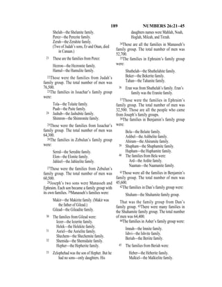 189 NUMBERS 26:21–45
Shelah—the Shelanite family.
Perez—the Perezite family.
Zerah—the Zerahite family.
(Two of Judah’s sons, Er and Onan, died
in Canaan.)
21 These are the families from Perez:
Hezron—the Hezronite family.
Hamul—the Hamulite family.
22Those were the families from Judah’s
family group. The total number of men was
76,500.
23The families in Issachar’s family group
were:
Tola—the Tolaite family.
Puah—the Puite family.
24 Jashub—the Jashubite family.
Shimron—the Shimronite family.
25Those were the families from Issachar’s
family group. The total number of men was
64,300.
26The families in Zebulun’s family group
were:
Sered—the Seredite family.
Elon—the Elonite family.
Jahleel—the Jahleelite family.
27Those were the families from Zebulun’s
family group. The total number of men was
60,500.
28Joseph’s two sons were Manasseh and
Ephraim. Each son became a family group with
its own families. 29Manasseh’s families were:
Makir—the Makirite family. (Makir was
the father of Gilead.)
Gilead—the Gileadite family.
30 The families from Gilead were:
Iezer—the Iezerite family.
Helek—the Helekite family.
31 Asriel—the Asrielite family.
Shechem—the Shechemite family.
32 Shemida—the Shemidaite family.
Hepher—the Hepherite family.
33 Zelophehad was the son of Hepher. But he
had no sons—only daughters. His
daughters names were Mahlah, Noah,
Hoglah, Milcah, and Tirzah.
34Those are all the families in Manasseh’s
family group. The total number of men was
52,700.
35The families in Ephraim’s family group
were:
Shuthelah—the Shuthelahite family.
Beker—the Bekerite family.
Tahan—the Tahanite family.
36 Eran was from Shuthelah’s family. Eran’s
family was the Eranite family.
37Those were the families in Ephraim’s
family group. The total number of men was
32,500. Those are all the people who came
from Joseph’s family groups.
38The families in Benjamin’s family group
were:
Bela—the Belaite family.
Ashbel—the Ashbelite family.
Ahiram—the Ahiramite family.
39 Shupham—the Shuphamite family.
Hupham—the Huphamite family.
40 The families from Bela were:
Ard—the Ardite family.
Naaman—the Naamanite family.
41Those were all the families in Benjamin’s
family group. The total number of men was
45,600.
42The families in Dan’s family group were:
Shuham—the Shuhamite family group.
That was the family group from Dan’s
family group. 43There were many families in
the Shuhamite family group. The total number
of men was 64,400.
44The families in Asher’s family group were:
Imnah—the Imnite family.
Ishvi—the Ishvite family.
Beriah—the Beriite family.
45 The families from Beriah were:
Heber—the Heberite family.
Malkiel—the Malkielite family.
 