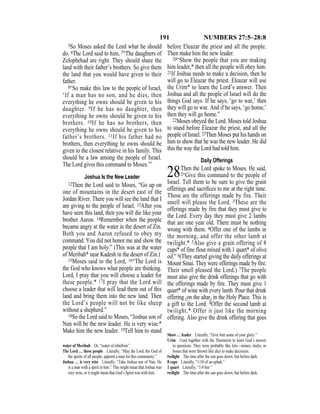 191 NUMBERS 27:5–28:8
5So Moses asked the Lord what he should
do. 6The Lord said to him, 7“The daughters of
Zelophehad are right. They should share the
land with their father’s brothers. So give them
the land that you would have given to their
father.
8“So make this law to the people of Israel,
‘If a man has no son, and he dies, then
everything he owns should be given to his
daughter. 9If he has no daughter, then
everything he owns should be given to his
brothers. 10If he has no brothers, then
everything he owns should be given to his
father’s brothers. 11If his father had no
brothers, then everything he owns should be
given to the closest relative in his family. This
should be a law among the people of Israel.
The Lord gives this command to Moses.’”
Joshua Is the New Leader
12Then the Lord said to Moses, “Go up on
one of mountains in the desert east of the
Jordan River. There you will see the land that I
am giving to the people of Israel. 13After you
have seen this land, then you will die like your
brother Aaron. 14Remember when the people
became angry at the water in the desert of Zin.
Both you and Aaron refused to obey my
command. You did not honor me and show the
people that I am holy.” (This was at the water
of Meribah* near Kadesh in the desert of Zin.)
15Moses said to the Lord, 16“The Lord is
the God who knows what people are thinking.
Lord, I pray that you will choose a leader for
these people.* 17I pray that the Lord will
choose a leader that will lead them out of this
land and bring them into the new land. Then
the Lord’s people will not be like sheep
without a shepherd.”
18So the Lord said to Moses, “Joshua son of
Nun will be the new leader. He is very wise.*
Make him the new leader. 19Tell him to stand
before Eleazar the priest and all the people.
Then make him the new leader.
20“Show the people that you are making
him leader,* then all the people will obey him.
21If Joshua needs to make a decision, then he
will go to Eleazar the priest. Eleazar will use
the Urim* to learn the Lord’s answer. Then
Joshua and all the people of Israel will do the
things God says. If he says, ‘go to war,’ then
they will go to war. And if he says, ‘go home,’
then they will go home.”
22Moses obeyed the Lord. Moses told Joshua
to stand before Eleazar the priest, and all the
people of Israel. 23Then Moses put his hands on
him to show that he was the new leader. He did
this the way the Lord had told him.
Daily Offerings
28Then the Lord spoke to Moses. He said,
2“Give this command to the people of
Israel. Tell them to be sure to give the grain
offerings and sacriﬁces to me at the right time.
Those are the offerings made by fire. Their
smell will please the Lord. 3These are the
offerings made by fire that they must give to
the Lord. Every day they must give 2 lambs
that are one year old. There must be nothing
wrong with them. 4Offer one of the lambs in
the morning, and offer the other lamb at
twilight.* 5Also give a grain offering of 8
cups* of fine flour mixed with 1 quart* of olive
oil.” 6(They started giving the daily offerings at
Mount Sinai. They were offerings made by fire.
Their smell pleased the Lord.) 7The people
must also give the drink offerings that go with
the offerings made by fire. They must give 1
quart* of wine with every lamb. Pour that drink
offering {on the altar} in the Holy Place. This is
a gift to the Lord. 8Offer the second lamb at
twilight.* Offer it just like the morning
offering. Also give the drink offering that goes
water of Meribah Or, “water of rebellion”.
The Lord … these people Literally, “May the Lord, the God of
the spirits of all people, appoint a man for this community.”
Joshua … is very wise Literally, “Take Joshua son of Nun. He
is a man with a spirit in him.” This might mean that Joshua was
very wise, or it might mean that God’s Spirit was with him.
Show … leader Literally, “Give him some of your glory.”
Urim Used together with the Thummim to learn God’s answer
to questions. They were probably like lots—stones, sticks, or
bones that were thrown like dice to make decisions.
twilight The time after the sun goes down, but before dark.
8 cups Literally, “1/10 of an ephah.”
1 quart Literally, “1/4 hin.”
twilight The time after the sun goes down, but before dark.
 