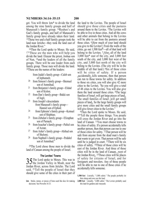 200NUMBERS 34:14–35:15
get. You will throw lots* to divide the land
among the nine family groups and half of
Manasseh’s family group. 14Reuben’s and
Gad’s family groups, and half of Manasseh’s
family group have already taken their land.
15Those two and a half family groups took the
land near Jericho—they took the land east of
the Jordan River.”
16Then the Lord spoke to Moses. He said,
17“These are the men who will help you
divide the land: Eleazar the priest, Joshua son
of Nun, 18and the leaders of all the family
groups. There will be one leader from each
family group. Those men will divide the land.
19These are the names of the leaders:
from Judah’s family group—Caleb son
of Jephunneh;
20 from Simeon’s family group—Shemuel
son of Ammihud;
21 from Benjamin’s family group—Elidad
son of Kislon;
22 from Dan’s family group—Bukki son
of Jogli;
23 from Joseph’s descendants
from Manasseh’s family group—
Hanniel son of Ephod;
24 from Ephraim’s family group—Kemuel
son of Shiphtan;
25 from Zebulun’s family group—Elizaphan
son of Parnach;
26 from Issachar’s family group—Paltiel son
of Azzan;
27 from Asher’s family group—Ahihud son
of Shelomi;
28 from Naphtali’s family group—Pedahel
son of Ammihud.”
29The Lord chose those men to divide the
land of Canaan among the people of Israel.
The Levites’ Towns
35The Lord spoke to Moses. This was in
the Jordan Valley in Moab, near the
Jordan River, across from Jericho. The Lord
said, 2“Tell the people of Israel that they
should give some of the cities in their part of
the land to the Levites. The people of Israel
should give those cities and the pastures
around them to the Levites. 3The Levites will
be able to live in those cities. And all the cows
and other animals that belong to the Levites
will be able to eat from the pastures around
those cities. 4{How much of your land should
you give to the Levites?} From the walls of the
cities, go out 1,500 feet*—all of that land will
belong to the Levites. 5{Also} all of the land
3,000 feet* east of the city, and 3,000 feet
south of the city, and 3,000 feet west of the
city, and 3,000 feet north of the city will
belong to the Levites. (The city will be in the
middle of all that land.) 6Six of those cities
will be cities of safety. If a person
{accidentally} kills someone, then that person
can run to those towns for safety. In addition
to those six cities, you will also give 42 more
cities to the Levites. 7So you will give a total
of 48 cities to the Levites. You will also give
them the land around those cities. 8The large
families of Israel {will get large pieces of land}.
The small families of Israel {will get small
pieces of land}. So the large family groups will
give more cities and the small family groups
will give fewer cities to the Levites.”
9Then the Lord spoke to Moses. He said,
10“Tell the people these things: You people
will cross the Jordan River and go into the
land of Canaan. 11You must choose towns to
be cities of safety. If a person accidentally kills
another person, then that person can run to one
of those cities for safety. 12That person will be
safe from anyone from the dead man’s family
that wants to get even. That person will be safe
until he is judged in court. 13There will be six
cities of safety. 14Three of those cities will be
east of the Jordan River. And three of those
cities will be in the land of Canaan, {west of
the Jordan River}. 15Those cities will be places
of safety for citizens of Israel, and for
foreigners and travelers. Any of those people
will be able to run to one of those cities if he
accidentally kills someone.
lots Sticks, stones, or pieces of bone used like dice for making
decisions. See Proverbs 16:33.
1,500 feet Literally, “1,000 cubits.” The people probably let
their sheep and cows use this land.
3,000 feet Literally, “2,000 cubits.” The Levites probably used
this land for gardens and vineyards.
 