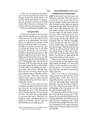 221 DEUTERONOMY 14:21–15:11
21“Don’t eat any animal that has died by
itself. You may give the dead animal to the
foreigner in your town, and he can eat it. Or
you may sell the dead animal to a foreigner.
But you yourselves must not eat the dead
animal. Why? Because you belong to the
Lord your God. You are his special people.
“Don’t cook a baby goat in its mother’s milk.
Giving One Tenth
22“Every year you must be sure to save one
tenth of all the crops that grow in your ﬁelds.
23Then you must go to the place the Lord
chooses to be his special house. You will go
there to be with the Lord your God. At that
place you will eat the tenth of your crops—
one tenth of your grain, your new wine, your
oil, and the ﬁrst animals born in your herds
and flocks. In this way, you will always
remember to respect the Lord your God. 24But
that place might be too far for you to travel to.
Maybe you will not be able to carry one tenth
of all the crops that the Lord has blessed you
with. If that happens, then 25sell that part of
your crops. Take the money with you and go
to the special place that the Lord has chosen.
26Use the money to buy anything you want—
cows, sheep, wine or beer or any other food.
Then you and your family should eat and
enjoy yourselves there in that place with the
Lord your God. 27But don’t forget the
Levites* living in your town. {Share your food
with them} because they don’t have a share of
the land like you have.
28“At the end of every three years, you
must gather one tenth of your harvest for that
year. Store this food in your towns {where
other people can use it}. 29This food is for the
Levites,* because they don’t have any land of
their own. This food is also for other people
in your towns that need it. That food is for
foreigners, widows, and children that have no
parents. If you do this, then the Lord your
God will bless you in everything you do.
The Special Year of Canceling Debts
15“At the end of every seven years, you
must cancel debts. 2This is the way you
must do this: Every person that has lent
money to another Israelite must cancel that
debt. He should not ask a brother (an Israelite)
to pay back that debt. Why? Because the Lord
said to cancel debts during that year. 3You
may require a foreigner to pay you back. But
you must cancel any debt another Israelite
owes you. 4There should not be any poor
people in your country. Why? Because the
Lord is giving you this land. And the Lord
will greatly bless you. 5But this will happen
only if you obey the Lord your God. You
must be careful to obey every command that I
have told you today. 6Then the Lord your God
will bless you, like he promised. And you will
have enough money to make loans to many
nations. But you will not need to borrow from
anyone. You will rule over many nations. But
none of those nations will rule over you.
7“When you are living in the land the Lord
your God is giving you, there might be a poor
person among your people. You must not be
selfish. You must not refuse to give help to
that poor person. 8You must be willing to
share with him. You must lend that person
whatever he needs.
9“Don’t ever refuse to help someone
simply because the seventh year, the year for
canceling debts, is near. Don’t let an evil
thought like that enter your mind. You must
never have bad thoughts about a person that
needs help. You must not refuse to help him.
If you don’t help that poor person, then he
will complain to the Lord against you. And
the Lord will ﬁnd you guilty of sin.
10“Give the poor person all that you can.
Don’t feel bad about giving to him. Why?
Because the Lord your God will bless you for
doing this good thing. He will bless you in all
your work and in everything you do. 11There
will always be poor people in the land. That is
why I command you to be ready to help your
brother. Give to the poor people in your land
that need help.
Levites People from the tribe of Levi. They helped the priests in
the temple and worked for the civil government.
 