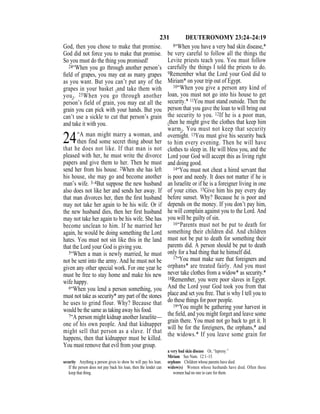 231 DEUTERONOMY 23:24–24:19
God, then you chose to make that promise.
God did not force you to make that promise.
So you must do the thing you promised!
24“When you go through another person’s
ﬁeld of grapes, you may eat as many grapes
as you want. But you can’t put any of the
grapes in your basket {and take them with
you}. 25When you go through another
person’s field of grain, you may eat all the
grain you can pick with your hands. But you
can’t use a sickle to cut that person’s grain
and take it with you.
24“A man might marry a woman, and
then find some secret thing about her
that he does not like. If that man is not
pleased with her, he must write the divorce
papers and give them to her. Then he must
send her from his house. 2When she has left
his house, she may go and become another
man’s wife. 3–4But suppose the new husband
also does not like her and sends her away. If
that man divorces her, then the ﬁrst husband
may not take her again to be his wife. Or if
the new husband dies, then her ﬁrst husband
may not take her again to be his wife. She has
become unclean to him. If he married her
again, he would be doing something the Lord
hates. You must not sin like this in the land
that the Lord your God is giving you.
5“When a man is newly married, he must
not be sent into the army. And he must not be
given any other special work. For one year he
must be free to stay home and make his new
wife happy.
6“When you lend a person something, you
must not take as security* any part of the stones
he uses to grind flour. Why? Because that
would be the same as taking away his food.
7“A person might kidnap another Israelite—
one of his own people. And that kidnapper
might sell that person as a slave. If that
happens, then that kidnapper must be killed.
You must remove that evil from your group.
8“When you have a very bad skin disease,*
be very careful to follow all the things the
Levite priests teach you. You must follow
carefully the things I told the priests to do.
9Remember what the Lord your God did to
Miriam* on your trip out of Egypt.
10“When you give a person any kind of
loan, you must not go into his house to get
security.* 11You must stand outside. Then the
person that you gave the loan to will bring out
the security to you. 12If he is a poor man,
{then he might give the clothes that keep him
warm}. You must not keep that security
overnight. 13You must give his security back
to him every evening. Then he will have
clothes to sleep in. He will bless you, and the
Lord your God will accept this as living right
and doing good.
14“You must not cheat a hired servant that
is poor and needy. It does not matter if he is
an Israelite or if he is a foreigner living in one
of your cities. 15Give him his pay every day
before sunset. Why? Because he is poor and
depends on the money. If you don’t pay him,
he will complain against you to the Lord. And
you will be guilty of sin.
16“Parents must not be put to death for
something their children did. And children
must not be put to death for something their
parents did. A person should be put to death
only for a bad thing that he himself did.
17“You must make sure that foreigners and
orphans* are treated fairly. And you must
never take clothes from a widow* as security.*
18Remember, you were poor slaves in Egypt.
And the Lord your God took you from that
place and set you free. That is why I tell you to
do these things for poor people.
19“You might be gathering your harvest in
the ﬁeld, and you might forget and leave some
grain there. You must not go back to get it. It
will be for the foreigners, the orphans,* and
the widows.* If you leave some grain for
security Anything a person gives to show he will pay his loan.
If the person does not pay back his loan, then the lender can
keep that thing.
a very bad skin disease Or, “leprosy.”
Miriam See Num. 12:1–15.
orphans Children whose parents have died.
widow(s) Women whose husbands have died. Often these
women had no one to care for them.
 