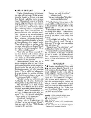 26GENESIS 24:45–25:6
45“Before I ﬁnished praying, Rebekah came
out to the well to get water. She had her water
jar on her shoulder as she went to get water
from the well. I asked her to give me some
water. 46She quickly lowered the jar from her
shoulder and poured me some water. Then she
said, ‘Drink this and I’ll get some water for
your camels.’ So I drank the water, and she
gave water to my camels. 47Then I asked her,
‘Who is your father?’ She answered, ‘My
father is Bethuel the son of Milcah and Nahor.’
Then I gave her the ring and bracelets for her
arms. 48I bowed my head and thanked the
Lord. I blessed the Lord, the God of my master
Abraham. I thanked him for leading me straight
to the granddaughter of my master’s brother.
49Now, tell me, will you be kind and loyal to
my master and give him your daughter? Or will
you refuse to give him your daughter? Tell me
so I will know what I should do.”
50Then Laban and Bethuel answered, “We
see this is from the Lord, so there is nothing
we can say to change it. 51Here is Rebekah.
Take her and go. Let her marry your master’s
son. This is what the Lord wants.”
52When Abraham’s servant heard this, he
bowed to the ground before the Lord. 53Then he
gave Rebekah the gifts he brought. He gave her
beautiful clothes and gold and silver jewelry.
He also gave expensive gifts to her mother and
brother. 54Then he and his men had something
to eat and drink and then spent the night there.
Early the next morning, they got up and said,
“Now we must go back to my master.”
55Rebekah’s mother and her brother said,
“Let Rebekah stay with us for a short time. Let
her stay with us ten days. After that she can go.”
56But the servant said to them, “Do not
make me wait. The Lord has made my trip
successful. Now let me go back to my master.”
57Rebekah’s brother and mother said, “We
will call Rebekah and ask her what she
wants.” 58They called Rebekah and asked her,
“Do you want to go with this man now?”
Rebekah said, “Yes, I will go.”
59So they allowed Rebekah to go with
Abraham’s servant and his men. Rebekah’s
nurse also went with them. 60While Rebekah
was leaving they said to her,
“Our sister, may you be the mother of
millions of people.
And may your descendants* defeat their
enemies and take their cities.”
61Then Rebekah and her nurse got on the
camels and followed the servant and his men.
So the servant took Rebekah and left on the
trip back home.
62Isaac had left Beer Lahai Roi and was
now living in the Negev.* 63One evening,
Isaac went out to the field to think.* Isaac
looked up and saw the camels coming from
far away.
64Rebekah looked and saw Isaac. Then she
jumped down from the camel. 65She said to
the servant, “Who is that young man walking
in the ﬁeld to meet us?”
The servant said, “That is my master’s son.”
So Rebekah covered her face with her veil.
66The servant told Isaac about all the things
that had happened. 67Then Isaac brought the
girl into his mother’s tent. Rebekah became
Isaac’s wife that day. Isaac loved her very
much. So Isaac was comforted after his
mother’s death.
Abraham’s Family
25Abraham married again. His new wife
was named Keturah. 2Keturah gave
birth to Zimran, Jokshan, Medan, Midian,
Ishbak, and Shuah. 3Jokshan was the father of
Sheba and Dedan. The people of Asshur,*
Leum, and Letush were descendants of
Dedan. 4The sons of Midian were Ephah,
Epher, Hanoch, Abida, and Eldaah. All these
sons came from the marriage of Abraham and
Keturah. 5–6Before Abraham died, he gave
some gifts to the sons of his women servants*
and sent those sons to the East.* He sent them
away from Isaac. Then Abraham gave
everything he owned to Isaac.
descendants A person’s children and their future families.
Negev The desert area in the southern part of Judah.
think Or, “to go for a stroll.”
Asshur Or, “Assyria.”
woman servant Or, “concubine,” a slave woman who was like
a wife to a man.
East This usually means the area between the Tigris and
Euphrates rivers as far east as the Persian Gulf.
 