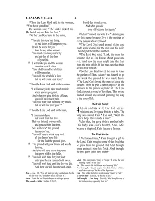 4GENESIS 3:13–4:4
13Then the Lord God said to the woman,
“What have you done?”
The woman said, “The snake tricked me.
He fooled me and I ate the fruit.”
14So the Lord God said to the snake,
“You did this very bad thing,
so bad things will happen to you.
It will be worse for you
than for any other animal.
You must crawl on your belly
and eat dust all the days
of your life.
15 I will make you and the woman
enemies to each other.
Your children and her children
will be enemies.
You will bite her child’s foot,
but he will crush your head.”
16Then the Lord God said to the woman,
“I will cause you to have much trouble
when you are pregnant.
And when you give birth to children,
you will have much pain.
You will want your husband very much,
but he will rule over you.”*
17Then the Lord God said to the man,
“I commanded you
not to eat from that tree.
But you listened to your wife,
and you ate from that tree.
So I will curse* the ground
because of you.
You will have to work very hard
all the days of your life
for the food the ground gives.
18 The ground will grow thorns and weeds
for you.
And you will have to eat the plants
that grow wild in the ﬁelds.*
19 You will work hard for your food,
until your face is covered with sweat.
You will work hard until the day you die.
And then you will become dust again.
I used dust to make you.
And when you die
you will become dust again.”
20Adam* named his wife Eve.* Adam gave
her this name because Eve is the mother of
every person who ever lived.
21The Lord God used animal skins and
made some clothes for the man and his wife.
Then he put the clothes on them.
22The Lord God said, “Look, the man has
become like us—he knows about good and
evil. And now the man might take the fruit
from the tree of life. If the man eats that fruit,
he will live forever.”
23So the Lord God forced the man to leave
the garden of Eden. Adam* was forced to go
and work the ground he was made from.
24The Lord God forced the man to leave the
garden. Then he put Cherub angels* at the
entrance to the garden to protect it. The Lord
God also put a sword of ﬁre there. This sword
ﬂashed around and around guarding the way
to the tree of life.
The First Family
4Adam and his wife Eve had sexual
relations and Eve gave birth to a baby. The
baby was named Cain.* Eve said, “With the
Lord’s help, I have made a man!”
2After that, Eve gave birth to another baby.
This baby was Cain’s brother, Abel. Abel
became a shepherd. Cain became a farmer.
The First Murder
3–4At harvest time,* Cain brought a gift to
the Lord. Cain brought some of the food that
he grew from the ground. But Abel brought
some animals from his flock. Abel brought
the best parts of his best sheep.*
You … you Or, “You will want {to rule} your husband, but he
will rule over you.” In Hebrew this is like Gen. 4:7.
curse To ask for bad things to happen to a thing or person.
The ground … ﬁelds See Gen. 1:28–29.
Adam This name means, “man” or “people.” It is like the word
meaning “earth” or “red clay.”
Eve This name is like the Hebrew word meaning “life.”
Cherub angels Special angels from God. Statues of these
angels were on top of the Box of the Agreement.
Cain This is like the Hebrew word meaning “make” or “get.”
At harvest time Literally, “at the end of days.”
Abel brought … best sheep Literally, “Abel brought some of
his ﬁrstborn sheep, especially their fat.”
 