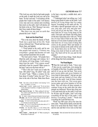 7 GENESIS 6:6–7:7
6The Lord was sorry that he had made people
on the earth. It made the Lord very sad in his
heart. 7So the Lord said, “I will destroy all the
people that I made on the earth. I will destroy
every man and every animal and everything
that crawls on the earth. And I will destroy all
the birds in the air. Why? Because I am sorry
that I have made all these things.”
8But there was one man on earth that
pleased the Lord—Noah.*
Noah and the Great Flood
9This is the story about the family of Noah.
Noah was a good man all his life. Noah
always followed God. 10Noah had three sons:
Shem, Ham, and Japheth.
11–12God looked at the earth, and he saw
that people had ruined it. Violence was
everywhere—{people had become evil and
cruel} and had ruined their life on earth.
13So God said to Noah, “All people have
ﬁlled the earth with anger and violence. So I
will destroy all living things. I will remove
them from the earth. 14Use cypress wood*
and build a boat for yourself. Make rooms in
the boat,* and cover the boat with tar.*
15“This is the size I want you to make the
boat: 300 cubits* long, 50 cubits* wide, and
30 cubits* high. 16Make a window for the
boat about 18 inches* below the roof.* Put a
door in the side of the boat. Make three ﬂoors
in the boat; a top deck, a middle deck, and a
lower deck.
17“Understand what I am telling you. I will
bring a great ﬂood of water on the earth. I will
destroy all living things that live under
heaven. Everything on the earth will die. 18I
will make a special agreement with you. And
you, your sons, your wife, and your sons’
wives will all go into the boat. 19Also, you
must find two of every living thing on the
earth. Find male and female and bring them
on the boat. Keep them alive with you. 20Find
two of every kind of bird on the earth. And
ﬁnd two of every kind of animal on the earth.
And find two of every kind of thing that
crawls on the ground. Male and female of
every kind of animal on the earth will be with
you. Keep them alive on the boat. 21Also
bring every kind of food on earth into the
boat. The food will be for you and for the
animals.”
22Noah did all these things. Noah obeyed
all the things that God commanded.
The Flood Begins
7Then the Lord said to Noah, “I have seen
that you are a good man, even among the
evil people of this time. So gather your family
and all of you go into the boat. 2Get seven
pairs (seven males and seven females) of
every kind of clean animal.* And get one pair
(one male and one female) of every other
animal on the earth. Lead all these animals
into the boat with you. 3Get seven pairs
(seven males and seven females) of all the
birds. This will allow all these animals to
continue living on the earth after the other
animals are destroyed. 4Seven days from now
I will send much rain on the earth. It will rain
for 40 days and 40 nights. And I will wipe
everything off the face of the earth. I will
destroy everything I made.” 5Noah did
everything the Lord told him to do.
6Noah was 600 years old at the time the
rains came. 7Noah and his family went into the
boat to be saved from the flood. Noah’s wife
and his sons and their wives were on the boat
Noah This name is like the Hebrew word meaning “to be
sorry,” “to comfort,” or “to rest.”
cypress wood Literally, “gopher-wood.” We do not know
exactly what kind of wood this is. It might be a kind of tree or
squared timbers.
Make rooms in the boat Or, “Make caulking for the boat.”
This could be small plants that were stuffed into the cracks
and covered with tar.
tar Or, “pitch,” a thick oil that must be heated to become liquid.
300 cubits 442’ 10 15/16” (135m) if this was the short cubit or
516’ 0” (157.5m) if it was the long cubit.
50 cubits 73’ 9 3/16” (22.5m) if this was the short cubit or 86’ 1
1/2” (26.25m) if it was the long cubit.
30 cubits 44’ 3 7/16” (13.5m) if this was the short cubit or 51’ 8
1/16” (15.75m) if it was the long cubit.
18 inches Or, “one cubit,” that is, 1’ 5 11/16” (45cm) if this
was the short cubit or 1’ 8 5/8” (52.5cm) if it was the long
cubit.
Make a window … below the roof Or “Make an opening for
the boat about 18 inches tall.”
clean animal(s) Birds and animals that God said could be used
for sacriﬁces.
 