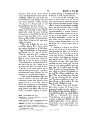 95 EXODUS 29:6–28
robe that is worn with the Ephod.* Put the
Ephod and the Judgment Pouch* on him.
Then tie the beautiful sash (belt) on him. 6Put
the turban* on his head. And put the special
crown around the turban. 7Take the anointing
oil* and pour it on Aaron’s head. This will
show that Aaron is chosen for this work.
8“Then bring Aaron’s sons to that place.
Put the white woven robes on them. 9Then tie
sashes (belts) around their waists. Give them
the special hats to wear. At that time they will
begin to be priests. They will be priests
because of the special law that will continue
forever. This is the way you will make Aaron
and his sons priests.
10“Then bring the bull to that place at the
front of the Meeting Tent.* Aaron and his
sons must put their hands on the bull’s head.
11Then kill that bull there at the entrance to
the Meeting Tent. The Lord will see this.
12Then take some of the bull’s blood and go
to the altar.* Use your finger to put some
blood on the horns of the altar. Pour all the
blood that is left at the bottom of the altar.
13Then take all the fat from inside the bull, the
fatty part of the liver, both kidneys, and the
fat around them. Burn this fat on the altar.
14Then take the bull’s meat, his skin, and his
other parts and go outside your camp. Burn
these things there outside the camp. This is an
offering to take away the sins of the priests.
15“Then tell Aaron and his sons to put their
hands on the head of one of the rams. 16Kill
that ram and save the blood. Throw the blood
against the altar* on all four sides. 17Then cut
the ram into several pieces. Wash all the parts
from inside the ram and the legs. Put these
things with the head and the other pieces of
the ram. 18Then burn everything on the altar.
It is a burnt offering, an offering made by ﬁre
to the Lord. Its smell will please the Lord.
19“Tell Aaron and his sons to put their
hands on the other ram. 20Kill that ram and
save some of its blood. Put that blood on the
right earlobes of Aaron and his sons. Also put
some of the blood on the thumbs of their right
hands. And put some of the blood on the big
toes of their right feet. Then throw blood
against all four sides of the altar. 21Then take
some of the blood from the altar. Mix it with
the special oil and sprinkle it on Aaron and
his clothes. And sprinkle it on their sons and
their clothes. This will show that Aaron and
his sons serve me in a special way. And it will
show that their clothes are used only at
special times.
22“Then take the fat from the ram. (This is
the ram that will be used in the ceremony to
make Aaron the high priest.) Take the fat from
around the tail and the fat that covers the
organs inside the body. Then take the fat that
covers the liver, both kidneys and the fat on
them, and the right leg. 23Then take the basket
of bread that you made without yeast. This is
the basket you put before the Lord. Take these
things out of the basket: one loaf of bread, one
cake made with oil, and one small thin cake.
24Give these things to Aaron and his sons. Tell
them to hold these things in their hands before
the Lord. This will be a special offering to the
Lord. 25Then take these things from Aaron and
his sons and put them on the altar* with the
ram. Then burn everything on the altar. It is a
burnt offering, an offering made by fire to the
Lord. Its smell will please the Lord.
26“Then take the breast from the ram.*
(This is the ram that will be used in the
ceremony to make Aaron the high priest.)
Hold the breast of the ram before the Lord as
a special offering. Then take it back and keep
it. This part of the animal will be for you.
27Take the breast and the leg of the ram that
was used to make Aaron the high priest and
make those parts holy (special). Then give
those special parts to Aaron and his sons.
28The people of Israel will always give Aaron
Ephod A special coat worn by the priests.
Judgment Pouch A piece of clothing like a bib or an apron that
covered the high priest’s chest.
turban Head covering made by wrapping a long piece of cloth
around the head or around a cap worn on the head.
anointing oil Fine olive oil that was poured on things or people
to show they were chosen for a special work or purpose.
Meeting Tent The Holy Tent (tabernacle), where the people of
Israel went to meet with God.
altar A table or raised area used for offering sacriﬁces. ram(s) A male sheep.
 