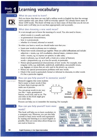 G'!-m·
_·i.·u,;v!,;.r�,.
0
�
irLanguage.com
Learning vocabulary
What do you need to learn?
Did you know that there are over half a million words in English but that the average
native speaker only uses about 5,000 in everyday speech? You already know many of
those 5,000 words. This book will help you to learn many of those that you do not yet
know and it will help you to use them appropriately and accurately.
What does knowing a new word mean?
It is not enough just to know the meaning of a word. You also need to know:
- which words it is usually used with;
- its grammatical characteristics;
- how it is pronounced;
- whether it is formal, informal or neutral.
So when you learn a word you should make sure that you:
• Learn new words in phrases not in isolation.
• Notice how words commonly go together. These are called collocations and include:
adjectives + nouns, e.g. rich vocabulary, classical music, common sense;
verbs + nouns, e.g. to express an opinion, to take sides;
nouns in phrases, e.g. in touch with, a train set, a sense of humour;
words + prepositions, e.g. at a loss for words, in particular.
• Notice special grammatical characteristics of new words. For example, note
irregular verbs, e.g. undertake, undertook, undertaken; uncountable nouns,
e.g. luggage; or nouns that are only used in the plural, e.g. scissors.
• Notice any special pronunciation problems with new words.
• Check if the word is particularly formal or informal in character, in other words
if it has a particular register.
How can you help yourself to memorise words?
Research suggests that some students
find it easier to learn words if they
(a) learn them in groups and (b)
make use of pictures.
You can group words in any way
you like - topic, grammatical
feature, word root, and so on. The
unit titles in this book might give
you some ideas.
C T A
wDZ
� C)
L' E
liver
stomach --.1-++
Pictures can help you to remember the meaning. For example:
-:v-�==-r- lungs
-----ff'I--;-- heart
How can you help yourself learn more
words?
� � [newspapers)
This book will help you to learn vocabulary in
a systematic way. However, you can also help
yourself to learn more words and expressions
by reading and listening to as much English as
possible. Here are some ideas about things you
can read or listen to:
TV (satellite/ [cinema) [podcasts) [songsJ
cable/subtitled)
[ fiction J
[magazinesJ
radio, e.g.
BBC World
Service
academic or
professional
literature
[YouTube]
(sports reports]
reference material ·
(dictionaries,
encyclopedias)
conversations
with native
speakers
�udio book, [poetry)
 