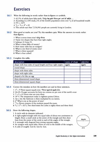 Exercises
50.1 Write the following in words rather than in figures or symbols.
1 62.3% of adults have false teeth. 0i)(�-+..» pc>ift three per Geft C>t .dul� ...
2 According to a UN study, 2% of the world's population owns over 1/2 of all household wealth.
3 0°
C = 32°
F
4 1
/2 + 3/4 X 42
= 20
5 This article says that 7,556,981 people are currently living in London.
50.2 How good at maths are you? Try this numbers quiz. Write the answers in words rather
than figures.
What is seven times nine? si)(�-three
2 Name two shapes that have four right angles.
3 Subtract 41 from 93.
4 What is three fifths of twenty?
5 How many sides has an octagon?
6 What is one third of ninety-nine?
7 What is three squared?
8 What is four cubed?
50.3 Complete this table.
shape with four sides of equal length and four right angles
round shape
shape with three sides
shape with eight sides
shaped a bit like an egg
three-dimensional round shape
three-dimensional square shape
50.4 Correct the mistakes in how the numbers are said in these sentences.
32
= 9 Three square equals nine. 'fhree �•red eciu•ls fiM.
2 46.6% Oxygen accounts for forty-six comma six per cent of the earth's crust
3 7 x 9 = 63 Seven nine are sixty-three.
4 18°
C The temperature today is eighteen points Celsius.
5 3m x 6m My bedroom is three multiplied by six metres.
6 69
What is six at the power of nine?
7 11/16 Eleven sixteens of the students passed the exam.
8 2/3 x 53
= 831
/3 Two third times five cubes is eighty-three and three third.
50.5 Draw the following shapes.
1 A circle with its diameter indicated.
2 A right-angled triangle with two equal sides of about two centimetres in
length. Draw a small circle at the centre of the triangle and then draw
lines from the centre of the circle to each of the angles of the triangle.
3 A rectangle with diagonal lines joining opposite angles.
4 An octagon with equal sides. Draw an oval in the middle of the octagon.
5 A cube of roughly 3cm by 3cm by 3cm. c.irde
English Vocabulary in Use Upper-intermediate 109
 
