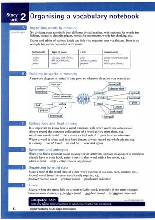 Organising a vocabulary notebook
Organising words by meaning
Try dividing your notebook into different broad sections, with sections for words for
feelings, words to describe places, words for movement, words for thinking, etc.
Charts and tables of various kinds can help you organise your vocabulary. Here is an
example for words connected with music:
CU).Mica/, (
MfCUI.MU:,)
folk(Mfjofkwyi,c,,J
wodd
Building networks of meaning
Verb,
prad:i,c,e, (
11.,)praci:i,e, (vb)
tyad.,
YellAfe, (
iU'v aJbU#C,)
A network diagram is useful. It can grow in whatever direction you want it to.
unfriend
somebody
sign up
homepage
Collocations and fixed phrases
It is important to know how a word combines with other words (its collocations).
Always record the common collocations of a word as you meet them, e.g.
win (prize, award, medal) earn {money, a high salary) gain {time, an advantage)
Where a word is often used in a fixed phrase, always record the whole phrase, e.g.
in a hurry out of touch to and fro now and again
Synonyms and antonyms
When you find a synonym (same meaning) or an antonym (opposite meaning) of a word you
already have in your book, enter it next to that word with a few notes, e.g.
urban * rural stop = cease (cease is very formal)
Organising by word class
Make a note of the word class of a new word (whether it is a noun, verb, adjective, etc.).
Record words from the same word family together, e.g.
produce {verb or noun) product {noun) productive (adjective)
Stress
Record where the stress falls on a multi-syllable word, especially if the stress changes
between word classes, e.g. produce {verb) produce {noun) pro�tive {adjective)
 