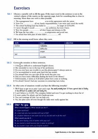 Exercises
58.1 Choose a suitable verb to fill the gaps. If the exact word in the sentence is not in the
vertical column of the matrix on the opposite page, look for something that is close in
meaning. More than one verb is often possible.
1 The management have a no-strike agreement with the union.
2 Now I've ................................ all my family responsibilities, I can retire and travel the world.
3 The school building fund has failed to ................................ its target of £250,000.
4 I never thought I would ................................ my ambition, but now I have.
5 Very few people ................................ all their hopes and dreams in life.
6 We hope the two sides ................................ a compromise and avoid war.
7 I'm afraid that little plan of mine didn't ................................ off.
58.2 Fill in the missing word forms where they exist.
verb Inoun I adjective
realise re,Iis.+iC>f
difficulty
target
fail
trouble
58.3 Correct
ifhe mistakes in these sentences.
1 I find1ery difficult to understand English idioms.
2 She succeeded to rise to the top of her profession.
3 Do you ever have any trouble to use this photocopier? I always seem to.
4 I've accomplished to work quite hard this last month.
5 I'm amazed that you can cope all the work they give you.
6 Did you have many difficulties finding the book in the library?
7 Unfortunately, it seems as if all John's plans have come at nothing.
8 I'm afraid I haven't had any successes in contacting Lara today.
58.4 In what sorts of situations would you hear the following remarks?
58.5
1 We'll have to get an au pair. I just can't cope. 'loct albllld prov,l,I� he,r U from , p.ret1t lllllC> is fit1dit19
it tC>C> diffic.lllt tC> c.C>mvit1e lllC>rk ""d f,mil� life.
2 I can't believe it, £5,000. The company folded and now I've got nothing to show for it!
3 It went under, I'm afraid, and he's bankrupt now.
4 You can't manage all that. Let me help you.
5 Yes, her plan came off even though the odds were really against her.
over ..f-o �ou
What would happen I What would you do if ...
a plan backfired?
2 a club had only two members left out of 507
3 a student faltered in one exam out of six, but did well in all the rcst7
What would you do if ...
4 you were having a lot of bother with your car7
5 you 5tartcd a small bu5inc5s but it came to noth1ng7
6 you couldn't cope v11th yrJur English stud1cs7
English Vocabulary in Use Upper-intermediate 125
 
