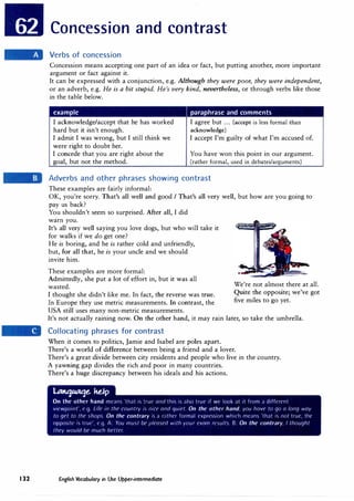 Concession and contrast
Verbs of concession
Concession means accepting one part of an idea or fact, but putting another, more important
argument or fact against it.
It can be expressed with a conjunction, e.g. Although they were poor, they were independent,
or an adverb, e.g. He is a bit stupid. He's very kind, nevertheless, or through verbs like those
in the table below.
example paraphrase and comments
I acknowledge/accept that he has worked
hard but it isn't enough.
I agree but ... (accept is less formal than
acknowledge)
I admit I was wrong, but I still think we
were right to doubt her.
I accept I'm guilty of what I'm accused of.
I concede that you are right about the
goal, but not the method.
You have won this point in our argument.
(rather formal, used in debates/arguments)
Adverbs and other phrases showing contrast
These examples are fairly informal:
OK, you're sorry. That's all well and good I That's all very well, but how are you going to
pay us back?
You shouldn't seem so surprised. After all, I did
warn you.
It's all very well saying you love dogs, but who will take it
for walks if we do get one?
He is boring, and he is rather cold and unfriendly,
but, for all that, he is your uncle and we should
invite him.
These examples are more formal:
Admittedly, she put a lot of effort in, but it was all
wasted.
I thought she didn't like me. In fact, the reverse was true.
In Europe they use metric measurements. In contrast, the
USA still uses many non-metric measurements.
We're not almost there at all.
Quite the opposite; we've got
five miles to go yet.
It's not actually raining now. On the other hand, it may rain later, so take the umbrella.
Collocating phrases for contrast
When it comes to politics, Jamie and Isabel are poles apart.
Tnere's a world of difference between being a friend and a lover.
There's a great divide between city residents and people who live in the country.
A yawning gap divides th_e rich and poor in many countries.
There's a huge discrepancy between his ideals and his actions.
La"-1""'1t. kt.Ip
On the other hand means 'that 1s true and this is also trut' if we look at it from a different
viewpo111t', e.g. Life 111 the country tS n,cc ond quiet. On the other hand, you hove to go o long way
to get to the shops. On the contrary 1s a r;1ther formal exprt'ss1on which nwans 'that 1s not true, the
opposite 1<, true', l'.<J. A: You must be 11/coscd with your cxom rnults. B: On the contrary, I thought
tht'y woulcf be much lietter.
132 English Vocabulary in Use Upper-intermediate
 