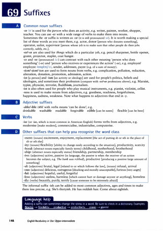 146
Suffixes
Common noun suffixes
-er/;;,/ is used for the person who does an activity, e.g. writer, painter, worker, shopper,
teacher. You can use -er with a wide range of verbs to make them into nouns.
Sometimes the -er suffix is written as -or (it is still pronounced/�/). It is worth making a special
list of these words as you meet them, e.g. actor, donor [person who donates something],
operator, sailor, supervisor [person whose job is to make sure that other people do their jobs
correctly, safely, etc.].
-er/-or are also used for things which do a particular job, e.g. pencil sharpener, bottle opener,
grater, projector, stapler, coat hanger.
-er and -ee (pronounced/i:/) can contrast with each other meaning 'person who does
something' (-er) and 'person who receives or experiences the action' (-ee), e.g. employer/
employee /empb1j'i:/, sender, addressee, payee (e.g. of a sum of money).
-tion/-sion/-ion are used to form nouns from verbs, e.g. complication, pollution, reduction,
alteration, donation, promotion, admission, action.
-ist [a person] and -ism [an activity or ideology] are used for people's politics, beliefs and
ideologies, and sometimes their profession (compare with -er/-or professions above), e.g. Marxist,
typist, physicist, terrorist, Buddhism, journalism.
-ist is also often used for people who play musical instruments, e.g. pianist, violinist, cellist.
-ness is used to make nouns from adjectives, e.g. goodness, readiness, forgetfulness,
happiness, sadness, weakness. Note what happens to adjectives that end in -y.
Adjective suffixes
-able/-ible fobl/ with verbs means 'can be done', e.g.
drinkable washable readable forgivable edible [can be eaten] flexible [can be bent]
Verbs
-ise (or -ize, which is more common in American English) forms verbs from adjectives, e.g.
· modernise [make modern], commercialise, industrialise, computerise.
Other suffixes that can help you recognise the word class
-ment: (nouns) excitement, enjoyment, replacement [the act of putting sb or sth in the place of
sb or sth else]
-ity: (nouns) flexibility [ability to change easily according to the situation], productivity, scarcity
-hood: (abstract nouns especially family terms) childhood, motherhood, brotherhood
-ship: (abstract nouns especially status) friendship, partnership, membership
-ive: (adjectives) active, passive (in language, the passive is when the receiver of an action
becomes the subject, e.g. The bank was robbed), productive [producing a positive large amount of
something]
-al: (adjectives) brutal, legal [related to or which follows the law], (nouns) refusal, arrival
-ous: (adjectives) delicious, outrageous [shocking and morally unacceptable], furious [very angry]
-ful: (adjectives) hopeful, useful, forgetful
-less: (adjectives) useless, harmless [which cannot hurt or damage anyone or anything], homeless
-ify: (verbs) beautify, purify, terrify [cause someone to be extremely afraid]
The informal suffix -ish can be added to most common adjectives, ages and times to make
them less precise, e.g. She's thirtyish. He has reddish hair. Come about eightish.
Lttttqt.Utqe. ke.lp
Adding a suffix can sometimes change the stress in a word. Be sure to cl1eck in a dictionary. Examples:
flexible � flexibility productive � productivity piano � ruanist
English Vocabulary in Use Upper-intermediate
 