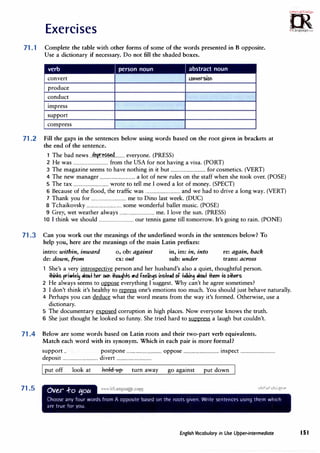 Exercises
71.1 Complete the table with other forms of some of the words presented in B opposite.
Use a dictionary if necessary. Do not fill the shaded boxes.
verb I person noun I abstract noun
convert c.C>rwersiC>F
produce
conduct
impress
support
compress
71.2 Fill the gaps in the sentences below using words based on the root given in brackets at
the end of the sentence.
1 The bad news __4_��------·-- everyone. (PRESS)
2 He was-------------------------------- from the USA for not having a visa. (PORT)
3 The magazine seems to have nothing in it but·······-----···················· for cosmetics. (VERT)
4 The new manager-······················-········ a lot of new rules on the staff when she took over. (POSE)
5 The tax·--·-···-·-····--··---·-·-·-·-·- wrote to tell me I owed a lot of money. (SPECT)
6 Because of the flood, the traffic was--· ..·························-- and we had to drive a long way. (VERT)
7 Thank you for·-·- ..··--- ..·-···-·····-·-·-·-· me to Dino last week. (DUC)
8 Tchaikovsky-······-·····-·-·····-···-···-·- some wonderful ballet music. (POSE)
9 Grey, wet weather always............_................... me. I love the sun. (PRESS)
10 I think we should ...................._........... our tennis game till tomorrow. It's going to rain. (PONE)
71.3 Can you work out the meanings of the underlined words in the sentences below? To
help you, here are the meanings of the main Latin prefixes:
intro: within, inward
de: down, from
o, ob: against
ex: out
in, im: in, into
sub: under
re: again, back
trans: across
1 She's a very introspective person and her husband's also a quiet, thoughtful person.
.»irJ,.s pri�el� #C>Ut her c.lr .fut>u� ,rll fee�Fgs iFstud of t•IJr.i"g #C>Ut them toothers
2 He always seems to oppose everything I suggest. Why can't he agree sometimes?
�
m
· :i.•oo;C,;.r�,.
0
�
irLanguage.c:om
3 I don't think it's healthy to repress one's emotions too much. You should just behave naturally.
4 Perhaps you can deduce what the word means from the way it's formed. Otherwise, use a
dictionary.
5 The documentary exposed corruption in high places. Now everyone knows the truth.
6 She just thought he looked so funny. She tried hard to suppress a laugh but couldn't.
71.4 Below are some words based on Latin roots and their two-part verb equivalents.
71.5
Match each word with its synonym. Which in each pair is more formal?
support .. postpone·--·-..
-··· ..····-·-·--·······-- oppose·····-········ ..·········-······ inspect···········-··········-········-
deposit-·----·········---··--·-····-·-· divert-··-······-·-··-·········-····-·
Iput off look at
Ove.r .f-o 1:10�
-hold up turn away go against put down
' t '!. tII
Choosr any four words from A opposit<.' based on the roots given_ Write srntenres using them which
are true for you.
English Vocabulary in Use Upper-intermediate 151
 