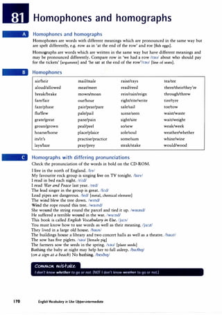 Homophones and homographs
Homophones and homographs
Homophones are words with different meanings which are pronounced in the same way but
are spelt differently, e.g. row as in 'at the end of the row' and roe [fish eggs].
Homographs are words which are written in the same way but have different meanings and
may be pronounced differently. Compare row in 'we had a row /rau/ about who should pay
for the tickets' [argument] and 'he sat at the end of the row'/rgu/ [line of seats].
Homophones
air/heir mail/male raise/rays
aloud/allowed meat/meet read/reed
break/brake mown/moan rein/rain/reign
fare/fair our/hour right/rite/write
faze/phase pair/pear/pare sale/sail
flu/flew pale/pail scene/seen
grate/great pane/pain sight/site
groan/grown peal/peel so/sew
hoarse/horse place/plaice sole/soul
its/it's practise/practice some/sum
lays/laze pray/prey steak/stake
Homographs with differing pronunciations
Check the pronunciation of the words in bold on the CD-ROM.
l live in the north of England. /Irv/
My favourite rock group is singing live on TV tonight. /la1v/
I read in bed each night. /ri:d/
I read War and Peace last year. /red/
The lead singer in the group is great. /li:d/
Lead pipes are dangerous. /led/ [metal, chemical element]
The wind blew the tree down. /wmd/
Wind the rope round this tree. /wamd/
She wound the string round the parcel and tied it up. /waund/
He suffered a terrible wound in the war. /wu:nd/
This book is called English Vocabulary in Use. /ju:s/
You must know how to use words as well as their meaning. /ju:z/
They lived in a large old house. /haus/
tea/tee
there/their/they're
through/threw
tire/tyre
toe/tow
waist/waste
wait/weight
weak/week
weather/whether
whine/wine
would/wood
The buildings house a library and two concert halls as well as a theatre. /hauz/
The sow has five piglets. /sau/ [female pig]
The farmers sow the seeds in the spring. /sgu/ [plant seeds]
Bathing the baby at night may help her to fall asleep. /ba:011J/
(on a sign at a beach) No bathing. /be1011J/
170 English Vocabulary in Use Upper-intermediate
 