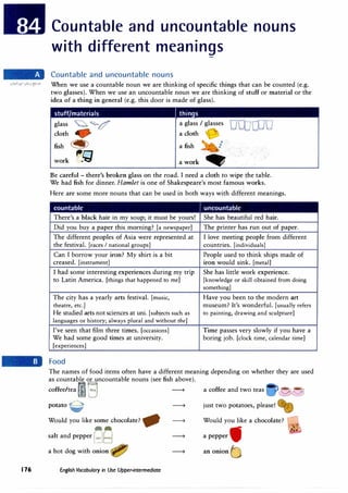 Countable and uncountable nouns
with different meanings
Countable and uncountable nouns
u�1>.!1 u�j �_.. When we use a countable noun we are thinking of specific things that can be counted (e.g.
two glasses). When we use an uncountable noun we are thinking of stuff or material or the
idea of a thing in general (e.g. this door is made of glass).
176
stuff/materials j things
glass � �(7'
cloth
a glass I glasses
O[tJOJ0
a cloth
fish � a fish
work �§/ a work •
Be careful - there's broken glass on the road. I need a cloth to wipe rhe table.
We had fish for dinner. Hamlet is one of Shakespeare's most famous works.
Here are some more nouns that can be used in both ways with different meanings.
countable uncountable
There's a black hair in my soup; it must be yours! She has beautiful red hair.
Did you buy a paper this morning? [a newspaper] The printer has run out of paper.
The different peoples of Asia were represented at I love meeting people from different
the festival. [races I national groups) countries. [individuals]
Can I borrow your iron? My shirt is a bit People used to think ships made of
creased. [instrument) iron would sink. [metal]
I had some interesting experiences during my trip She has little work experience.
to Latin America. [things that happened to me] [knowledge or skill obtained from doing
something]
The city has a yearly arts festival. [music, Have you been to the modern art
theatre, etc.) museum? It's wonderful. [usually refers
He studied arts not sciences at uni. [subjects such as to painting, drawing and sculpture)
languages or history; always plural and without the]
I've seen that film three times. [occasions] Time passes very slowly if you have a
We had some good times at university. boring job. [clock time, calendar time)
[experiences]
Food
The names of food items often have a different meaning depending on whether they are used
as countable or uncountable nouns (see fish above).
coffee/tea
18 � a coffee and two teas �
potato@
Would you like some chocolate? -
salt and pepper ��
a hot dog with onion �
English Vocabulary in Use Upper-intermediate
just two potatoes, please! Ge)
Would you like a chocolate?
a pepper I
an onion t)
 