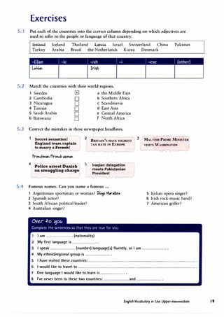Exercises
5.1 Put each of the countries into the correct column depending on which adjectives are
used to refer to the people or language of that country.
Thailand Lat¥ia Israel Switzerland China
IrelaRd
Turkey
Iceland
Arabia Brazil the Netherlands Korea Denmark
5.2 Match the countries with their world regions.
Sweden 0 a the Middle East
2 Cambodia D b Southern Africa
3 Nicaragua D c Scandinavia
4 Tunisia D d East Asia
5 Saudi Arabia D e Central America
6 Botswana D f North Africa
5.3 Correct the mistakes in these newspaper headlines.
Pakistan
Soccer sensation!
England team captain
to marry a F•ene:h!
2 '-" ""'� ....._"-�- -...__, 3
BRITAIN'S HAVE HIGHEST
TAX RATE IN EUROPE
MALTISH PRIME MINISTER
VISITS WASHINGTON
}
4
Police arrest Danish
on smuggling charge
,
" - -
5 lraqian delegation
J
meets Pakistanian
President
.,.._,."'-v """'""......., �
5.4 Famous names. Can you name a famous ...
1 Argentinian sportsman or woman? 'Die90 M.r.don,
2 Spanish actor?
3 South African political leader?
4 Australian singer?
1 I am ................................. (nationality)
2 My first language is ................................ .
� "" ------�rv---Jv---..._,.,
5 Italian opera singer?
6 Irish rock-music band?
7 American golfer?
3 I speak ................................ (number) language(s) fluently, so I am ................................ .
4 My ethnic/regional group is .................................
5 I have visited these countries: ........................................................................................................................................... .
6 I would like to travel to ..........................................................................................................................................................
7 One language I would like to learn is .................................
8 I've never been to these two countries: ................................ and ................................ .
English Vocabulary in Use Upper-intermediate 19
 