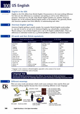 =m·
_·1,,
1
0,,;c;,..r�,.
0
�
irLanguage.com
208
US English
English in the USA
English in the USA differs from British English. Pronunciation is the most striking difference
but there are also differences in vocabulary and spelling as well as some differences in
grammar. Americans say the fall, while British English speakers say autumn; American
speakers say on the weekend; British English prefers at the weekend. Yet, generally, British
and American speakers have little difficulty in understanding each other.
American English spelling
American English spelling is usually simpler. For example, British English words ending
in -our and -re end in -or and -er in American English, e.g. colour/color, centre/center.
Words ending in -ise in British English end in -ize in US English (realise/realize). There are
differences in individual words too, e.g. British jewellery is jewelry in American English.
US words and their British equivalents
Travel and on the street In the homl'
American English British English Amn1ran English British English
gas(oline) petrol garbage, trash rubbish
truck lorry elevator lift
baggage luggage* eraser rubber
sidewalk pavement apartment flat
crosswalk zebra crossing closet wardrobe
line queue yard garden
vacation holiday drapes curtains
parking lot car park flashlight torch
trunk (of car) boot French fries chips
hood (of car) bonnet Scotch tape Sellotape
freeway/interstate motorway cookie biscuit
one-way trip single candy sweets
round trip return bathroom, rest room** toilet, WC
railway car railway carriage diaper nappy
subway underground pantyhose tights
* baggage is also common in British English, especially in the context of air travel
** wash room is commonly used in Canada
Latt1�e, ke.fp
American and British pronunciations are often different. You can hear the British and American
pronunciation of words on the Cambridge Advanced Learner's Dictionaryat Cambridge Dictionaries Online.
Different meanings
Here are some words and phrases which could cause confusion when used by Brits and
Americans talking together because they mean something different in each 'language'.
tundershirt (AmE)
.
- the second floor (BrE)
t (B E)
--the second floor (AmE)
ves r
underpants (AmE/BrE) ---- the first floor (BrE)
pants (BrE) -the ground floor (BrE)
check (AmE) t A E
--.._the gro
.
und floor/the first
bill (B E)
ves� ( m ) floor (AmE)
�
wa1
g
stcoat (BrE)
�
bvt:irfr pants (AmE)
�
trousers (BrE)
. �
bill (AmE) (bank)note (BrE) wash the dishes (AmE/BrE) wash up (AmE)
wash up (BrE) wash your hands (BrE)
English Vocabulary in Use Upper-intermediate
 