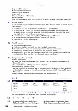 (e.g. crocodiles, snakes)
famed: well-known (famous)
longevity: living a long life
attain: reach
lifespan: time from birth to death
tended: cared for
ul..u>.-'luLJ�.>"
1rLanguage com
hibernate: go into a sleep-like state throughout the winter (as some animals and insects do)
4.2 Possible answers:
(These answers all give correct information in more detail than you needed to provide in your
own answers.)
2 A vole must be a kind of small animal, something like a mouse perhaps.
3 A chisel could be a kind of tool that can be used for chipping away at something or for
breaking it. I think it's probably something that could be used by sculptors but that bigger
ones might also be used for destroying structures.
4 A tureen must be a kind of very large bowl, a bit like a pot, used for soup.
5 To clamber probably means something like climbing with difficulty.
6 Ratty must be a bit like bad-tempered.
4.3 Possible answers:
2 I find Mo a very kind person.
3 I've been terribly busy with work ever since I got back from holiday.
4 We walked down a street with trees along both sides of it towards the station.
5 The little boys were fascinated by the machine used for mixing cement.
6 More and more shops now have their own special credit cards that can only be used in one
specific chain of shops and offer you a discount if you use one of them.
4.4 2 anger that can't be controlled
3 drinks before dinner
5.1
4 a report that comes out either twice every month or every two months (both meanings of
bi-monthly exist)
5 the person who used to be my boss (and no longer is)
6 feelings that are hostile to tourists
7 to break the telephone connection (e.g. by unplugging it from the wall or by doing something
at the telephone exchange so that calls can no longer be made, possibly because a bill has not
been paid)
8 letters that have not been delivered to the people they were addressed to
Unit 5
-(i)an I -ic I -ish I -i I -ese J (other)
Arabian*
Latvian
Brazilian
Korean
Icelandic
Arabic*
Irish
Turkish
Israeli
Pakistani
Chinese
Vietnamese
Thai
Swiss
Dutch
Arab*
Danish
*Arabian is used to refer to the Arabian Peninsula and to Saudi Arabian(s). Arab can also be used as an
adjective in expressions such as the Arab world, Arab states, Arab countries.
5.2 2 d 3 e 4 f 5 a 6 b
5.3 2 Britons have highest tax rate in Europe
3 Maltese Prime Minister visits Washington
212 English Vocabulary in Use Upper-intermediate
4 Police arrest Dane on smuggling charge
5 Iraqi delegation meets Pakistani President
 