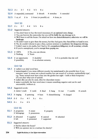 52.3 2 e 3 f 4 d 5 b 6 a
52.4 2 expanded, contracted 3 shrunk 4 stretches 5 extended
52.5 at, of 2 in 3 from (or possibly at) 4 from, to
Unit 53
53.1 2 C 3 f 4 d 5 b 6 a
53.2 Suggested answers:
2 You don't have to buy the travel insurance; it's an optional extra charge.
3 You can borrow the camcorder, but you will be liable for any damage to it.
4 We'll have to sell the house. I'm afraid we have no choice/alternative; otherwise we will be
bankrupt.
5 He didn't want to give them the money, but they had guns; they forced him to hand it over.
6 No, he couldn't choose to pay a fine; a prison sentence is mandatory for dangerous driving.
7 I didn't want to do maths, but I had to. It's compulsory/obligatory in all secondary schools.
8 If you're unemployed, you're exempt from paying tax.
53.3 2 100% 4 No, you can choose.
5 Yours
3 Nothing
53.4 2 an opportunity
3 possibility
Unit 54
4 doubtful
5 an absolute certainty
54.1 2 racket is an ideal word here.
6 It is probable that she will
3 noises/sounds if you mean different sounds, but noise/sound is also possible here if you
interpret 'some' to mean not a plural number, but one sound of 'a certain, unidentifiable type',
e.g. 'Some animal must have come into the garden last night - look at these footprints.'
(it's not clear what sort of animal)
4 racket (din can also be used, often for discordant music)
5 noise is probably the best word since it means something negative and can be used
uncountably (without a).
54.2 Suggested words:
2 clatter I crash 3 rustle 4 thud 5 bang 6 roar 7 rumble
54.3 2 rmgmg 3 pattering 4 hum 5 chime/chiming 6 clanged
54.4 2 d 3 a 4 f 5 C 6 e
54.5 2 C 3 a 4 b
Unit 55
55.1 2 properties 4 estate 6 property
3 belongings 5 possessions
55.2 2 allocated 4 supplied 6 catered
3 left 5 presented 7 supported
55.3 Suggested answers:
2 Did he inherit the house?
3 Will you sponsor me in a run/race for charity?
234 English Vocabulary in Use Upper-intermediate
8 inherited
8 screech
 