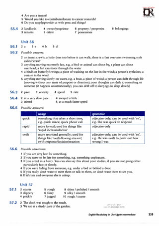 4 Are you a tenant?
U,,,m·
:i.,c,,,;c.t;r<:!,.
0
�
irLanguage.,om
5 Would you like to contribute/donate to cancer research?
6 Do you supply/provide us with pens and things?
55.4 2 landlords
3 tenants
4 owner/proprietor
5 estate
6 property I properties
7 possessions
8 belongings
Unit 56
56.1 2 a 3 e 4 b 5 d
56.2 Possible answers:
2 an insect crawls; a baby does too before it can walk; there is a fast over-arm swimming style
called 'crawl'
3 anything moving extremely fast, e.g. a bird or animal can shoot by, a plane can shoot
overhead, a fish can shoot through the water
4 a bird's or butterfly's wings; a piece of washing on the line in the wind; a person's eyelashes; a
curtain in the wind
5 anything moving slowly on water, e.g. a boat, a piece of wood; a person can drift through life
(moving without any sense of purpose or direction); your thoughts can drift to something or
someone (it happens unintentionally); you can drift off to sleep (go to sleep slowly)
56.3 2 pace 3 velocity 4 speed 5 rate
56.4 2 at a very slow pace
3 stirred
4 swayed a little
5 at a much faster speed
56.5 Possible answers:
usage
quick something that takes a short time,
e.g. quick snack; quick phone call
rapid more formal; used for things like
'rapid increase/decline'
swift more restricted generally; used for
things like 'swift-flowing stream';
swift response/decision/reaction
56.6 Possible situations:
1 If you are very late for something.
I grammar
adjective only; can be used with 'to',
e.g. She was quick to respond
adjective only
adjective only; can be used with 'to',
e.g. He was swift to point out how
wrong I was
2 If you want to be late for something, e.g. something unpleasant.
3 If you aren't in a hurry. You can also say this about your studies, if you are not going either
particularly fast or slowly.
4 If you were hiding from someone, e.g. under a bed or behind a door.
5 If you really don't want to meet them or talk to them, or don't want them to see you.
6 If it's late and everyone else is asleep.
Unit 57
57.1 2 coarse
3 slippery
4 prickly
5 rough
6 furry
7 jagged
8 shiny I polished I smooth
9 silky I smooth
10 rough I coarse
57.2 2 The cloth was rough to the touch.
3 We sat in a shady part of the garden.
0�1>.!1 01,,j /S'.>"
www.irLanguage.com
English Vocabulary in Use Upper-intermediate 235
 