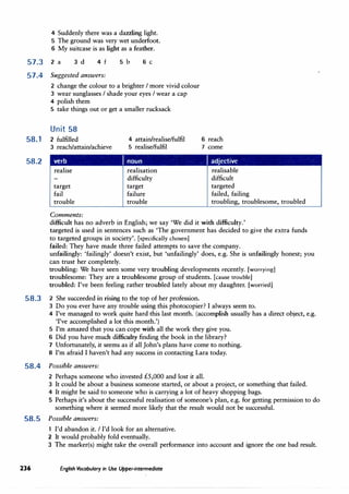 57.3
57.4
4 Suddenly there was a dazzling light.
5 The ground was very wet underfoot.
6 My suitcase is as light as a feather.
2 a 3 d 4 f 5 b 6 C
Suggested answers:
2 change the colour to a brighter I more vivid colour
3 wear sunglasses I shade your eyes I wear a cap
4 polish them
5 take things out or get a smaller rucksack
Unit 58
58.1 2 fulfilled 4 attain/realise/fulfil
5 realise/fulfil
6 reach
7 come
58.2
3 reach/attain/achieve
verb I noun I adjective
realise
target
fail
trouble
Comments:
realisation
difficulty
target
failure
trouble
realisable
difficult
targeted
failed, failing
troubling, troublesome, troubled
difficult has no adverb in English; we say 'We did it with difficulty.'
targeted is used in sentences such as 'The government has decided to give the extra funds
to targeted groups in society'. [specifically chosen]
failed: They have made three failed attempts to save the company.
unfailingly: 'failingly' doesn't exist, but 'unfailingly' does, e.g. She is unfailingly honest; you
can trust her completely.
troubling: We have seen some very troubling developments recently. [worrying]
troublesome: They are a troublesome group of students. [cause trouble]
troubled: I've been feeling rather troubled lately about my daughter. [worried]
58.3 2 She succeeded in rising to the top of her profession.
3 Do you ever have any trouble using this photocopier? I always seem to.
4 I've managed to work quite hard this last month. (accomplish usually has a direct object, e.g.
'I've accomplished a lot this month.')
5 I'm amazed that you can cope with all the work they give you.
6 Did you have much difficulty finding the book in the library?
7 Unfortunately, it seems as if all John's plans have come to nothing.
8 I'm afraid I haven't had any success in contacting Lara today.
58.4 Possible answers:
2 Perhaps someone who invested £5,000 and lost it all.
3 It could be about a business someone started, or about a project, or something that failed.
4 It might be said to someone who is carrying a lot of heavy shopping bags.
5 Perhaps it's about the successful realisation of someone's plan, e.g. for getting permission to do
something where it seemed more likely that the result would not be successful.
58.5 Possible answers:
236
1 I'd abandon it. I I'd look for an alternative.
2 It would probably fold eventually.
3 The marker(s) might take the overall performance into account and ignore the one bad result.
English Vocabulary in Use Upper-intermediate
 