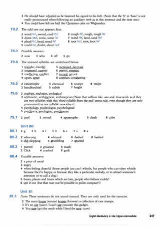 3 He should have whis.ded as he fastened his sword to his belt. (Note that the 'h' in 'have' is not
really pronounced when following an auxiliary verb as in this sentence and the next one.)
4 You could have left me half the Christmas cake on Wednesday.
79.2 The odd one out appears first.
2 word 13:/, sword, cord /-:,:/
3 dome /-;ml, come, some /Ai
4 plead /i:/, head, tread le/
6 cough /o/, rough, tough /Ai
7 wand /o/, land, sand /re/
8 root /u:/, soot, foot /u/
5 could /u/, doubt, shout /au/
79.3 Possible answers:
2 now 3 who 4 off 5 go
79.4 The stressed syllables are underlined below.
1 transfer, transfer
2 suspected, suspect
3 conflicting, conflict
4 !!PSet, upset
79.5 2 catastrophe
3 handkerchief
5 increased, decrease
6 �mit, permits
7 record, �cord
8 CQilduct, con�ing
4 chemical
5 subtle
6 receipt
7 height
79.6 2 zoQlogy, zoQlogist, zoo}Qgical
8 recipe
3 arithmetic, arit�tical, arithmetician (Note that suffixes like -ian and -tion work as if they
are two syllables with this 'third syllable from the end' stress rule, even though they are only
pronounced as one syllable nowadays.)
4 psychology, psychQlogist, psychol,Qgical
5 psychiatry, psychiatric, psychiatrist
79.7 2 cool 3 sword 4 apostrophe 5 climb 6 calm
80.1
80.2
Unit 80
2 g 3 h
2 wheezing
3 dip-clopping
4 f 5 b 6 C
4 whizzed
5 grumbling
7 e 8 a
6 dashed
7 spurted
8 bashed
80.3 1 purred
2 Click
3 groaned
4 crashed
5 mash
6 gash
80.4 Possible answers:
2 a piece of metal
3 angry
4 when feeling cheerful (Some people just can't whistle, but people who can often whistle
because they're happy, or because they like a particular melody, or to attract someone's
attention or to call a dog.)
5 buses, planes and trains which are late, people who behave rudely!
6 spit it out (but that may not be possible in polite company!)
Unit 81
81.1 Note: These sentences do not sound natural. They are only used for the exercise.
2 The main� (mouse) houses (browse) a collection of rare stamps.
3 It's no use (juice). I can't .use (snooze) this gadget.
4 You .sIDY (go) the seeds while I feed the .sIDY. (cow)
English Vocabulary in Use Upper-intermediate 247
 