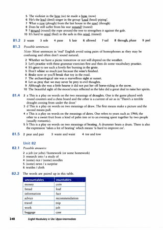 5 The violinist in the bow (so) tie made a bow. (now)
6 He's the lead (deed) singer in the group 'l&ad (head) piping'.
7 What a row (plough) from the last house in the row! (though)
8 Does he still suffer from his war wound? (tuned)
9 I wound (round) the rope around the tree to strengthen it against the gale.
10 It's hard to wind (find) in the sails in this wind. (tinned)
81.2 2 waste 3 sole 4 pane 5 heir 6 allowed 7 sail 8 through, phase
81.3 Possible sentences:
Note: Most sentences in 'real' English avoid using pairs of homophones as they may be
confusing and often don't sound natural.
2 Whether we have a picnic tomorrow or not will depend on the weather.
3 Let's practise with these grammar exercises first and then do some vocabulary practice.
4 It's great to see such a lovely fire burning in the grate.
5 Don't whine so much just because the wine's finished.
6 Brake now or you'll break that toy in the road.
7 The archaeological site was a marvellous sight at sunset.
8 Let us pray that we may never be prey to evil thoughts.
9 Although she was a little hoarse it did not put her off horse-riding in the snow.
9 peel
10 The beautiful sight of the moon's rays reflected in the lake did a great deal to raise her spirits.
81.4 2 a This is a play on words on the two meanings of draughts. One is the game played with
round counters and a chess board and the other is a current of air as in 'There's a terrible
draught corning from under the door.'
3 d This is a play on words on two meanings of draw. The first means make a picture and the
second means pull.
4 e This is a play on words on the meanings of dates. One refers to years such as 1966; the
other to a sweet fruit from a kind of palm tree or to an evening spent together by two people
(usually romantic).
5 b This is a play on words on two meanings of beating. A drummer beats a drum. There is also
the expression 'takes a lot of beating' which means 'is hard to improve on'.
81.5 2 pear and pair
Unit 82
82.1 Possible answers:
3 waste and waist 4 toe and tow
2 a job (or jobs) I homework (or some homework)
3 research into I a study of
4 (some) rice I (some) noodles
5 (some) news I a surprise
6 textiles I cloth
82.2 The words are paired up in this table.
. . - countables
money com
bread loaf
information fact
advice recommendation
travel trip
work job
baggage case
248 English Vocabulary in Use Upper-intermediate
 