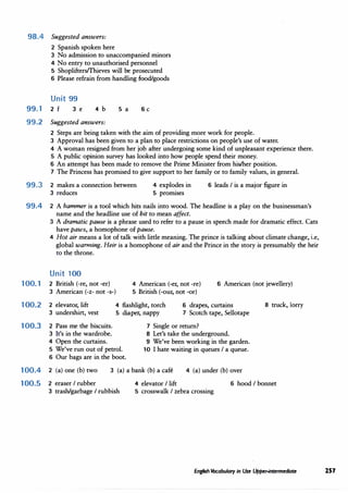 98.4 Suggested answers:
2 Spanish spoken here
3 No admission to unaccompanied minors
4 No entry to unauthorised personnel
5 Shoplifters/Thieves will be prosecuted
6 Please refrain from handling food/goods
Unit 99
99.1 2 f 3 e 4 b 5 a Ge
99.2 Suggested answers:
2 Steps are being taken with the aim of providing more work for people.
3 Approval has been given to a plan to place restrictions on people's use of water.
4 A woman resigned from her job after undergoing some kind of unpleasant experience there.
5 A public opinion survey has looked into how people spend their money.
6 An attempt has been made to remove the Prime Minister from his/her position.
7 The Princess has promised to give support to her family or to family values, in general.
99.3 2 makes a connection between
3 reduces
4 explodes in
5 promises
6 leads I is a major figure in
99.4 2 A hammer is a tool which hits nails into wood. The headline is a play on the businessman's
name and the headline use of hit to mean affect.
3 A dramatic pause is a phrase used to refer to a pause in speech made for dramatic effect. Cats
have paws, a homophone of pause.
4 Hot air means a lot of talk with little meaning. The prince is talking about climate change, i.e,
global warming. Heir is a homophone of air and the Prince in the story is presumably the heir
to the throne.
Unit 100
100.1 2 British (-re, not -er)
3 American (-z- not -s-)
4 American (-er, not -re)
5 British (-our, not -or)
6 American (not jewellery)
100.2 2 elevator, lift
3 undershirt, vest
4 flashlight, torch
5 diaper, nappy
6 drapes, curtains 8 truck, lorry
7 Scotch tape, Sellotape
100.3 2 Pass me the biscuits.
3 It's in the wardrobe.
4 Open the curtains.
5 We've run out of petrol.
6 Our bags are in the boot.
7 Single or return?
8 Let's take the underground.
9 We've been working in the garden.
10 I hate waiting in queues I a queue.
100.4 2 (a) one (b) two 3 (a) a bank (b) a cafe 4 (a) under (b) over
100.5 2 eraser I rubber
3 trash/garbage I rubbish
4 elevator I lift 6 hood I bonnet
5 crosswalk I zebra crossing
English Vocabulary in Use Upper-intermediate 257
 