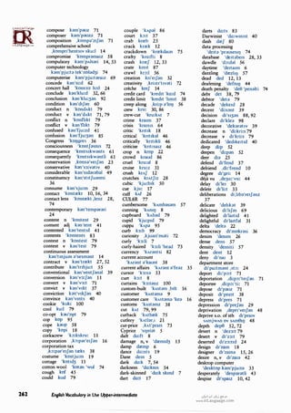 ffi
irLanguage.c:om
262
compose kam'p;xJZ 71
composer kam'p;xJZ;} 71
composition ,komp;}'z1fan 71
comprehensive school
,kompn'hents1v sku:l 14
compromise 'komprama1z 58
compulsory kam'pAlsari 14, 53
computer technology
kam'pju:t;} tek'nolad3i 74
computerise kam'pju:tara,z 69
concede kan'si:d 62
concert hall 'kons3:t h::,:l 24
conclude kan'klu:d 32, 66
conclusion kan'klu:3an 92
condition kan'd1fan 60
conduct n 'kondAkt 79
conduct v kan'dAkt 71, 79
conflict n 'konfhkt 79
conflict v kan'fhkt 79
confused kan'fju:zd 41
confusion kan'fju:3an 85
Congress 'kmJgres 36
consciousness 'kontfasms 72
consequence 'konts1kwants 61
consequently 'konts1kwantli 61
conservation ,konsa've1fan 23
conservative kan's3:vat1v 40
considerable kan's1darabal 49
constituency kan'st1tfuantsi
36
consume kan'sju:m 29
contact 'kontrekt 10, 16, 34
contact lens 'kontrekt ,lenz 28,
74
contemporary kan'temparari
24
content n 'kontent 29
content adj kan'tent 41
contented kan'tent1d 41
contents 'kontents 83
contest n 'kontest 79
contest v kan'test 79
continuous assessment
kan'tmjuas a'sesmant 14
contract v kan'trrekt 27, 52
contribute bn'tnbju:t 55
conventional kan'ventfanal 39
conversion kan'v3:fan 11
convert v kan'v3:t 71
convict v kan'v1kt 37
conv1ct10n k;m'v1kfan 40
convince kan'vmts 40
cookie 'kuki 100
cool ku:l 79
co-opt k;xJ'opt 79
cop kop 95
cope k;xJp 58
copy 'kopi 18
corkscrew 'b:kskru: 11
corporation ,k::,:par'e1fan 16
corporation tax
1k::,:par'e1fan treks 38
costume 'kostju:m 19
cottage 'kot1d3 11
cotton wool 'kotan 'wul 74
cough kof 45
could kud 79
couple 'kApal 86
court b:t 37
crab krreb 25
crack krrek 12
crackdown 'krrekdaun 75
crafty 'kra:fti 8
crash krref 12, 33
crate kre1t 87
crawl kr::,:l 56
creation kri'e1fan 32
creativity 1kri:e11
t1vati 72
creche kref 14
credit card 'kred1t 'ka:d 74
credit limit 'kred1t 'hm1t 38
creep along ,kri:p a'lmJ 56
crew kru: 30, 86
crew-cut 'kru:kAt 7
crime kra1m 37
crisis 'kra1s1s 64
critic 'kr1t1k 18
critical 'kr1t1kal 46
critically 'knt1kli 46
criticise 'kr1t1sa1z 46
crop n krop 22
crowd kraud 86
cruel 'kru:al 8
crmse kru:z 31
crush krAf 12
crutches krAtf1z 28
cubic 'kju:b1k 50
cue kju: 17
cuff kAf 26
CUL8R 77
cumbersome 'kAmbasam 57
cunning 'kAOIIJ 8
cupboard 'kAbad 79
cupid 'kju:p1d 79
cuppa 'kApa 95
curb k3:b 99
curiosity ,kjuari'osati 72
curly 'k3:li 7
curly-haired 'k3:li 'he;}() 73
currency 'kArantsi 82
current account
'kArant a'kaunt 38
current affairs 'kArant a'feaz 35
cursor 'k3:sa 33
curt k3:t 8
curtains 'k3:tanz 100
custom-built 'kAstam ,btlt 16
customer 'kAstama 9
customer care 'kAstama 'kea 16
customs 'kAstamz 38
cut kAt 79, 99
cutback 'kAtbrek 75
cutlery 'kAtlar,i 21
cut-price ,kAt'pra1s 73
Cypriot 's1priat 5
daft da:ft 8
damage n, v 'drem1d3 13
damp dremp 6
dance da:nts 19
Dane dem 5
dark da:k 7, 54
darkness 'da:kms 54
dark-skinned 'da:k skmd 7
dart da:t 17
English Vocabulary in Use Upper-intermediate
darts da:ts 83
Darwinist 'da:wm1st 40
dash dref 80
data processing
'de1ta 'pr;Juses11) 74
database 'de1t;Jbe1s 28, 33
dawdle 'd::,:dal 56
daytime 'dena,m 6
dazzling 'drezlIIJ 57
dead ded 12, 13
deafening 'defml) 44
death penalty 'dee 'penalti 74
debt det 38, 79
debtor 'deta 79
decade 1
deke1d 28
decent 'di:s;Jnt 39
decision d1's13;Jn 88, 92
declare d1'k1e;J 98
decorative 'dekarat,v 39
decrease n 'di:kri:s79
decrease v d1'kri:s 79
dedicated 1
ded1ke1t1d 40
deep di:p 52
deepen 'di:pan 52
deer d1a 25
defend d1'fend 37
defriend ,di:'frend 10
degree d11
gri: 14
deja vu ,de30:'vu: 44
delay d1'le1 30
delete d11
li:t 33
deliberations d1,hb;J're1f;Jnz
37
delicate 'dehk;Jt 39
delicious d1'hfas 69
delighted d1'la1t1d 41
delightful d1'la1tfol 31
delta 'delt;J 22
democracy d11
mokr;Jsi 36
denim 'demm 26
dense dens 57
density 'dens1ti 57
dent dent 12
deny dJ'nru 3
department store
d11
po:tmant ,st::,: 24
deport di:'p::,:t 71
deportation ,di:p:,:'te1fan 71
deportee ,di:p::,:'ti: 71
depose d1'p;xJZ 71
deposit d1'poz1t 38
depress d1'pres 71
depression d1'prefan 29
deprivation ,depn've1fan 48
deprive s.o. of sth dJ'pra1v
SAmjwAn DV SAm0II) 48
depth dep0 52, 72
desert n 'dez3:t 79
desert v d1'z3:t 79
deserted d11
Z3:t1d 24
design d11
zam 18
designer d1'zama 15, 26
desire n, v d1'za1a 42
desktop computer
'desktop kam'pju:ta 33
desperately 'desparatli 43
despise d1'spa1z 10, 42
o�IY-1 o�j {:-'->"
www.irLanguage.com
 