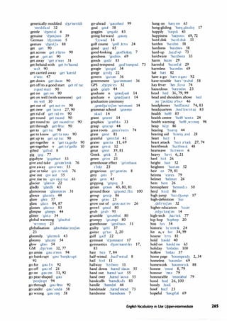 genetically modified d3;:i'net1kli
'mod1fa1d 32
gentle 'd3ent::>l 6
genuine 'd3enjum 39
German 'd33:m::>n 5
gesture 'd3estJ::> 88
get get 90
get across get ;:i'kros 90
get at get ret 90
get away 'get ;:i'we1 31
get behind with get b1'hamd
WIO 90
get carried away get 'krerid
;:i'we1 47
get down get daun 90
get off to a good start get of tu:
::> gud sta:t 90
get on get on 90
get on well (with someone) get
on wel 10
get out of get aut ov 90
get over get ';:iuv;:i 27,90
get rid of get nd ov 90
get round get raund 90
get round to get raund tu: 90
get through get eru: 90
get to get tu: 90
get to know get t::> n;:iu 90
get up to get AP tu: 90
get-together n 'get t::>,geo;:i 90
get-together V ,get t::>'geo;:i 10
gifted '91ftId 8
gig 919 77
gigabyte '919;:iba1t 33
give and take 191v;:in'te1k 76
give away 91v;:i'we1 55
give or take 91v ::,: te1k 76
give out 91v aut 55
give rise to 91v ra1z tu: 61
glacier 'glresi;:i 22
gladly 'glredJi 43
glamorous 'glrem::>r::>s 31
glance gla:nts 44
glare gle;:i 57
glass gla:s 84,87
glasses gla:s1z 83
glimpse ghmps 44
glitter 'ght::> 54
global warming 'gl;:iub;:il
'w::,:milJ 23
globalisation ,gl;:iub;:ila1'zc1J;m
23
gloomily 'glu:m1li 43
gloomy 'glu:mi 54
glow gl;:iu 54
GM ,d3i:'em 32,77
go amiss g;:iu ;:i'm1s 94
go bankrupt g;:iu 'brel)krApt
92
go for g;:iu f::>: 92
go off g;:iu of 21
go on g;:iu on 51,92
go pear-shaped g;:iu
'pe;:iJe1pt 94
go through g::>u eru: 92
go under g;:iu 'And;:i 58
go wrong g;:iu rol) 58
go-ahead 'g;:iu;:ihed 99
goal g;:iul 58
goggles 'gog;:ilz 83
going forward ,9;:iu11J
'f::>:w;:id 16
golf course 'golf ,b:s 24
good gud 65
good-looking ,9ud'luk11J 7
goodness 'gudms 69
goods gudz 83
good-tempered ,gud'temp;:id 73
google 'gu:g::>I 34
gorge g::,:d3 22
govern 'gAv::>n 36
government 'gAv;:inm;:int 36
GPS ,d3i:pi:'es 32
grab grreb 44
graduate n 'grredju;:it 14
graduate v 'grredjue1t 14
graduation ceremony
,grred3u'e1J;:in 'senm;:ini 14
grammar school 'grrem;:i
sku:I 14
grant gra:nt 14
graphics 'grrefiks 33
grasp gra:sp 44
grass roots ,gra:s'ru:ts 74
grate gre1t 81
grateful 'gre1tfal 41
grater gre1t::> 11,69
graze gre1z 12
great gre1t 39,81
Greek gri:k 5
green gri:n 23
greenhouse effect 'gri:nhaus
1'fekt 23
gregarious gn'ge::>ri::>s 8
grey gre1 7
grin grm 45
gripping 'gnpI!J 3
groan gr;:iun 43,80,81
ground floor 'graund ,fb: 100
group gru:p 86
grow gr::>u 25
grow out of gr::>u aut ov 26
growl graul 80
grub grAb 95
grumble 'grAmb::>I 80
grumpy 'grAmpi 80
guesthouse 'gesthaus 31
guilty 'gdti 37
guitar 91'ta: 2,20
gulf gAJf 22
gymnast 'd31mnrest 17
gymnastics d31m'nrest1ks 17,
83
hair he::> 7,84
half-witted ,ha:f'w1ttd 8
hall h::,:l 11
hallway 'h::,:lwe1 11
hand down hrend 'daun 55
hand out hrend 'aut 55
hand over ,hrend ';:iuv;:i 55
handcuffs 'hrendkAfs 83
handle 'hrend;:il 44
handmade ,hrend'me1d 73
handsome 'hrends;:im 7
hang on hre!J on 65
hang-gliding 'hre!],9la1d11J 17
happily 'hrep11i 43
happiness 'hrepm1s 69,72
hard disk 'ha:d disk 33
harden 'ha:d;:in 58
hardness 'ha:dms 58
hard-up ,ha:d'Ap 73
hardware 'ha:dwe;:i 33
harm ha:m 29
harmful 'ha:mfal 29
harmless 'ha:ml;:i 69
hat hret 82
have a go hrev ::> g;:iu 92
have trouble hrev 'trAb::>l 58
hay fever 'he1 ,fi:v;:i 74
hazardous 'hrez;:id;:is 23
head hed 36,79,99
head and shoulders above hed
;:in 'J;:iuldn ;:i'bAv 46
headphones 'hedfaunz 74,83
headquarters ,hed'kw::,:tn 83
health hele 85
health centre 'heJe 'sent::> 24
health warning 'heJe ,w::,:ml) 98
heap hi:p 86
hearing 'h1::>nlJ 44
hearing aid 'hI::>rI!J ,e1d 28
heart ha:t 1
heart attack 'ha:t ::>'trek 27,74
heartbreak 'ha:tbre1k 48
heatwave 'hi:twe1v 6
heavy 'hevi 6,21
heel hi:l 26
height ha1t 52
heighten 'ha1t::>n 52
heir e;:i 79,81
heiress 'e::>res 79
helmet 'helm;:it 26
hem hem 26
hemisphere 'hem1sf1a 50
herd h3:d 86
high jump 'ha1 d3Amp 17
high-definition 'ha1
,def1'01J;:in 32
higher education 'ha1;:ir
,ed3u'ke1J::>n 14
high-tech ,ha1'tek 77
hip-hop 'h1phop 20
hiss his 54
historic h1'stonk 24
hit n,V hit 34,99
hoarse h::>:s 81
hold h;:iuld 40
hold on h;:iuld on 65
holiday 'hol::>de1 100
hollow 'hol;:iu 57
home page 'h;:iumpe1d3 2,34
homeless 'h;:iuml;:is 69
homework 'h;:iumw3:k 88
honest 'omst 8,79
honour 'on::> 79
honourable 'on::>r::>b::>l 79
hood hud 26,100
hoody hudi
hoof hu:f 25
hopeful 'h;:iupfal 69
English Vocabulary in Use Upper-intermediate 265
 