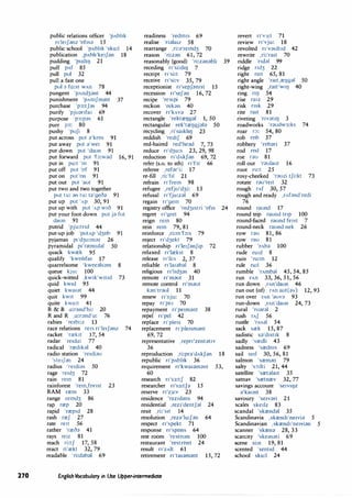 270
public relations officer 'pAbhk
n'le,f;mz 'of,s;:i 15
public school 'pAbhk 'sku:I 14
publication ,pAbh'ke1f;:in 18
pudding 'pud11J 21
puff pAf 85
pull put 32
pull a fast one
pol ;:i fo:st wAn 78
pungent 1
pAnd3;:int 44
punishment 'pAmfm;:int 37
purchase 'p:1:tf;:is 94
purify 'pju;:infa, 69
purpose 'p:1:p;:is 61
purr p:3: 80
pushy 'pufi 8
put across put ;:i'kros 91
put away put ;:i'we1 91
put down put 'daun 91
put forward put 'b:w;:id 16,91
put in pu:t 'm 91
put off put 'of 91
put on put'on 91
put out put 'aut 91
put two and two together
put tu: ;m tu: t;:i'geo;:i 91
put up put 'Ap 30,91
put up with put 'AP w10 91
put your foot down put j;:i fut
daun 91
putrid 'pju:tnd 44
put-up job 'putAp 'd3ob 91
pyjamas p1'd30:m;:iz 26
pyramidal p11
r.£m1d;:il 50
quack kwrek 95
qualify 'kwohfa1 17
quarrelsome 'kwor;:ils;:im 8
queue kju: 100
quick-witted ,kw1k'w1t1d 73
quid kw1d 95
quiet kwa1;:it 44
quit kw1t 99
quite kwa,t 41
R & B o:r;:ind'bi: 20
R and R ,o:r;:ind'o: 76
rabies 're1bi:z 13
race relations re,s n'le1f;:inz 74
racket 'rrekJt 17,54
radar 're,do: 77
radical 'rred1k;:il 40
radio station 're1di;:iu
'ste,f;:in 24
radius 're1di;:is 50
rage re1d3 72
rain rem 81
rainforest 'rem,fonst 23
RAM rrem 33
range remd3 86
rap rrep 20
rapid 'rrep1d 28
rash rref 27
rate re,t 56
rather 'rreo;:i 41
rays re,z 81
reach ri:tf 17,58
react ri'rekt 32,79
readable 'ri:d;:ib;:il 69
readiness 'redm1s 69
realise 'n;:ila12 58
rearrange ,ri:;:i'remd3 70
reason 'ri:z;:in 61,72
reasonably (good) 'ri:z;:in;:ibli
receding n'si:d11J 7
receipt n'si:t 79
receive n'si:v 35,79
receptionist n'sepf;:imst 15
recession n'sef;:in 16,72
recipe 'res1pi 79
reckon 'rek;:in 40
recover n'kAv;:i 27
rectangle 'rektrel)g;:il 1,50
rectangular rek'trel)gj;:iJ;:i 50
recycling ,ri'sa1khl) 23
reddish 'red1f 69
red-haired red'heJd 7,73
reduce n'd3u:s 23,29,98
reduction n'dAkf;:in 69,72
refer (s.o. to sth) n'fa: 66
referee ,refar'i: 17
re-fill ,ri:'fll 21
refrain n'frem 98
refugee ,refju'd3i: 13
refusal n'fju:z;:il 69
regain n'gem 70
39
registry office 'red31stri 'ofrs 24
regret n'gret 94
reign rem 80
rein rem 79,81
reinforce ,ri:m'b:s 79
reject n'd3ekt 79
relationship n'le1fJnf1p 72
relaxed n'lrekst 8
release n'li:s 2,37
reliable n'la1;:ib;:il 8
religious n'hd3Js 40
remote n'm;:iut 31
remote control n'm;:iut
kJn'tr;:iul 11
renew n'nju: 70
repay n'pe1 70
repayment n'pe1m;:int 38
repel n'pel 42
replace n'ple,s 70
replacement n'ple1smJnt
69, 72
representative ,repn'zent;:it1v
36
reproduction ,ri:prJ'dAkf;:in 18
republic n'pAbhk 36
requirement n'kwa1Jm;:int 53,
60
research n's:1:tf 82
researcher n's:1:tf;:i 15
reserve n'z:3:v 23
residence 'rez1dJns 94
residential ,rez1'dentfJI 24
resit ,ri:'s1t 14
resolution ,rez;:i'lu:f;:in 64
respect n'spekt 71
response n'spons 64
rest room 'restrum 100
restaurant 'restront 24
result n'zAlt 61
retirement n'ta1;:imJnt 15,72
English Vocabulary in Use Upper-intermediate
revert n'v:1:t 71
review n'vju: 18
revolted n'v;:iult1d 42
rewrite ,ri:'ra1t 70
riddle 'nd;:il 99
ridge nd3 22
right ra1t 65,81
right angle 'ra1t,rel)gJI 50
right-wing ,rait1
WIIJ 40
ring fl!) 54
rise ra1z 29
risk nsk 29
rite ra1t 81
riveting 'nv;:it11) 3
roadworks 'rJudw:1:ks 74
roar r:,: 54,80
rob rob 37
robbery 'robJri 37
rod rod 17
roe r;:iu 81
roll out 'r;:iulaut 16
root ru:t 25
rosy-cheeked 'r;:iuzi tfi:kt 73
rotate r;:iu'te1t 32
rough rAf 30,57
rough and ready ,rAfand'redi
76
round raund 17
round trip raund tnp 100
round-faced raund fe,st 7
round-neck raund nek 26
row r;:iu 81,86
row rau 81
rubber 'rAb;:i 100
rude ru:d 8
ruin 'ru:m 12
rule ru:I 36
rumble 'rAmb;:il 45, 54, 85
run rAn 33,36,51,56
run down ,rAn'daun 46
run out (of) rAn aut(;:iv) 12,93
run over rAn ';:iuv;:i 93
run-down ,rAn'daun 24,73
rural 'ru;:ir;:il 2
rush rAf 56
rustle 'rAs;:il 54
sack seek 15,87
sadistic s;:i'd1st1k 8
sadly 'sredli 43
sadness 'sredms 69
sail se1l 30,56,81
salmon 'srem;:in 79
salty 's:,:lti 21,44
satellite 'sret;:ila1t 35
satnav 'sretnrev 32,77
savings account 'se1v11JZ
;:i'kaunt 38
savoury 'se1v;:iri 21
scales ske1lz 83
scandal 'skrend;:il 35
Scandinavia ,skrend1'ne1vi;:i 5
Scandinavian ,skrend1'ne1vi;:in 5
scanner 'skren;:i 28,33
scarcity 'ske;:is;:iti 69
scene si:n 19,81
scented 'sent1d 44
school sku:l 24
 