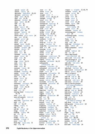 272
special 'spefdl 21
species 'spi:Ji:z 23
spectacles 'spektdkdlz 28, 83
spectator spek'te1td 17
speed spi:d 56, 72
spell spel 51,85
spherical 'sfenbl 50
spicy 'spaisi 21, 44
spill spII 12
spin spm 47
spiral 'spa,rdl 50
spit out spit aut 80
splash splreJ 80
sponsor 'spontsd 55
sports sp::,:ts 35
sports centre sp::,:ts 'sentd 24
spot spot 27, 85
spotted spot1d 26
sprain sprem 27
spray spre1 80
spread spred 13, 52
spreadsheet 'spredfi:t 33
sprinkle 'spnl)bl 80
sprinter 'sprmtd 17
spud sphd 95
spurt sp3:t 80
squaddie 'skwodi 95
square skwed 50
stack strek 86
staff sto:f 86
stage ste1d3 19, 51
stain stem 12
stairs sten 83
stake ste,k 81
stammer 'stremd 43
stand strend 36
.standstill 'strendstll 92
stapler 'ste1pld 69
stardom 'sto:ddm 72
stare sted 44
starter sto:td 21
starve sto:v 13
state ste1t 85
stationary 'ste1Jdndri 94
statue 'stretJu: 18
steady 'stedi 10, 38
steak ste1k 81
steal sti:l 37
steering wheel 'stidrII) ,wi:I
30,74
stem stem 25
stem cell research 'stem ,sel
n's3:tJ 32
stem from stem from 61
stick st1k 17
stiff st1f 16, 39
stifling 'sta1fl11) 6
still stIi 65
still life t11 laif 18
stingy 'stmd3i 8
stinking 'st1l)kII) 44
stir St3: 56
stocky 'stoki 7
stodgy 'stod3i 21
stomach 'sthmdk 1
stone stdun 82
Stone Age 'stdun ,e1d3 51
stop stop 92
store st:,: 33
storm st::>:m 79
stout staut 7
straight stre1t 7
stream stri:m 20, 22, 35
strength strel)k0 72
stress stres 29
stressed strest 27
stressed out strest aut 8
stressful 'stresful 29
stretch stretJ 52
strife stra1f 99
striped stra1pt 26
stroke strduk 27, 44
strong strol) 39,40
structure 'strAktJd 32
strum stum 2
stubborn 'sthbdn 8
stuck Sthk 30
stuck-up ,sthk'hp 73
studio 'stju:didu 11
studio flat 'stju:didu flret 11
stuff Slhf 84
stunning SlhnIIJ 7, 31
stupid 'stju:p1d 8
sturdy 'st3:di 39
stutter 'sthtd 43
subdivision ,Shbd1'v13dn 70
submarine ,shbmdr'i:n 70
submit Sdb'm1t 14
subscribe sdb'skra1b 34, 35
subsequently
1shbs1kwdntli 59
substance 'shbstdnts 23
substantial Sdb'strentJdi 49
subtitles 'shb,ta1tdlz 35
subtle 1
Shtdl 79
subtraction sdb'trrekJdn 50
suburbs 'shb3:bz 24
subway 'sAbwe1 70, 100
succeed sdk'si:d 58
success Sdk'ses 58, 88
successful sdk'sesfal 58
successfuJly sdk'sesfali 58
suck Shk 45
suede swe1d 26
suffer 'shfa 13, 27
sugar-free 'Iugd fri: 73
sugary 'Jugdri 21
suggest sd'd3est 3
suggestion sd'd3estJdn 88
suit su:t 26
sum SAm 81
sum up SAm hp 66
summit 'sAm1t 22
sunburn 'sAnb3:n 27
sunglasses 1
Shn,glo:s12 74
suntanned 'sAntrend 73
superfood 'su:pdfu:d 29 .
supervisor 'su:pdva1zd 15, 69
supply SA1
pla1 3,55
support sd'p::,:t 55, 71
surf the Internet S3:f oi:
'mtdnet 2
surface 's3:f1s 57
surrounding Sd'raundII) 31
survivor sd'va1vd 13
suspect n 'shspekt 37, 79
English Vocabulary in Use Upper-intermediate
suspect v sd'spekt 37, 40, 79
swallow 'swoldU 45
swarm sw::,:m 86
sway swe1 56
sweat swet 45
Swede swi:d 5
sweep swi:p 13
sweet swi:t 21, 44
sweets swi:ts 100
sweet-smelling
'swi:t 'smehl) 44
swerve sw3:v 56
swimmer 'sw1md 17
swimming pool 'sw1m11J
,pu:I 24
swimming trunks 'sw1m11J
,trAl)kS 83
Swiss sw1s 5
sword s::,:d 79
sync SIIJk 20
table mat 'te1bdlmret 11
tablet 'trebldt 27
tablet (computer) 'trebldt
32,33
tabloid 'trebb1d 35
tail te!l 25
take a deep breath
te1k d di:p bree 45
take a risk te1k d nsk 89
take advantage of te1k
dd'vo:nt1d3 ov 89
take after te1k 'o:ftd 89
take an exam
te1k 'ren 1g'zrem 14
take back te1k brek 89
take control te1k bn'trdul 89
take in te1k m 26, 89
take it or leave it
,te1k1t::,:'Ji:v1t 76
take off te1k 'of 89
take on te1k 'on 89
take over ,te1k 'duvd 89
take place te1k ple1s 89
take s.o./sth for granted
te1k ShffiWAnlSAm011) b:
gro:nt1d 89
take turns te1k t3:nz 93
take up te1k 'hp 26, 89
take-away 'te1kdwe1 24
takeover 'te1k,dUVd 75
talented 'treldnt1d 8, 20
talk t::>:k 79
talk down to s.o.
,t::>:k 'daun td 'sAmwAn 68
talk show t::>:k J;}U 35
talking point 't::,:kII) ,p::>mt 68
talks t::>:ks 99
tallish 't::>:hJ 7
tan tren 7
tap trep 44
target 'to:g1t 58, 91
tart to:t 79
tartan 'to:tdn 26
taste te1st 20, 44
tasteful 'te1stfal 44
tasteless 'te1stlds 21, 44
tasty 'te1sti 21, 44
taxi rank 'treksi rrel)k 24
 