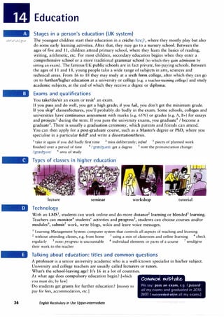 36
Education
Stages in a person's education (UK system)
The youngest children start their education in a creche /kreJ/, where they mostly play but also
do some early learning activities. After that, they may go to a nursery school. Between the
ages of five and 11, children attend primary school, where they learn the basics of reading,
writing, arithmetic, etc. For most children, secondary education begins when they enter a
comprehensive school or a more traditional grammar school (to which they gain admission by
sitting an exam). The famous UK public schools are in fact private, fee-paying schools. Between
the ages of 11 and 18, young people take a wide range of subjects in arts, sciences and
technical areas. From 16 to 18 they may study at a sixth form college, after which they can go
on to further/higher education at a university or college (e.g. a teacher-training college) and study
academic subjects, at the end of which they receive a degree or diploma.
Exams and qualifications
You take/do/sit an exam or resit1
an exam.
If you pass and do well, you get a high grade; if you fail, you don't get the minimum grade.
If you skip2
classes/lectures, you'll probably do badly in the exam. Some schools, colleges and
universities have continuous assessment with marks (e.g. 65%) or grades (e.g. A, B+) for essays
and projects3
during the term. If you pass the university exams, you graduate4
I become a
graduate5
. There is usually a graduation ceremony, which parents and friends can attend.
You can then apply for a post-graduate course, such as a Master's degree or PhD, where you
specialise in a particular field6
and write a dissertation/thesis.
1 take it again if you did badly first time 2 miss deliberately; infml 3
pieces of planned work
finished over a period of time 4
/'grred3ue1t/ get a degree 5
note the pronunciation change:
/'grred3u;:)t/ 6
area of study
Types of classes m
lecture semmar workshop tutorial
Technology
With an LMS1
, students can work online and do more distance2
learning or blended3
learning.
Teachers can monitor4
students' activities and progress5
, students can choose courses and/or
modules6
, submit7
work, write biogs, wikis and leave voice messages.
1
Learning Management System: computer system that controls all aspects of teaching and learning
2 without attending classes, e.g. from home 3
using a mix of classroom and online learning 4 check
regularly 5
note: progress is uncountable 6
individual elements or parts of a course 7
send/give
their work to the teacher
Talking about education: titles and common questions
A professor is a senior university academic who is a well-known specialist in his/her subject.
University and college teachers are usually called lecturers or tutors.
What's the school-leaving age? It's 16 in a lot of countries.
At what age does compulsory education begin? [which 1!1•1111
....v,....
,....v" Mis-rake.
you must do, by law]
Do students get grants for further education? [money to
pay for fees, accommodation, etc.]
English Vocabulary in Use Upper-intermediate
We say: pass an exam, e.g. I passed
all my exams and graduated in 2010.
(NOT I sue all my exams.)
 