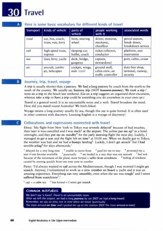 68
Travel
Here is some basic vocabulary for different kinds of travel
transport kinds of vehicle parts of people working associated words
vehicle with it
road car, bus, coach, boot, steering driver, motorist, petrol station,
tram, van, lorry wheel mechanic, break down,
chauffeur breakdown service
rail high-speed train, sleeping car, ticket collector, platform, seat
express buffet, coach conductor reservation
sea liner, ferry, yacht deck, bridge, captain, port, cabin, cruise
gangway steward(ess)
air aircraft, jumbo cockpit, wings, ground staff, duty-free shop,
jet, helicopter aisle /a1j�l/ cabin crew, air terminal, runway,
traffic controller security
'
Journey, trip, travel, voyage
A trip is usually shorter than a journey. We had a long journey by coach from the north to the
south of the country. We usually say business trip (NOT business journey). We took a trip I
went on a trip to the beach last weekend. (Go on a trip suggests an organised short excursion,
whereas take a trip or have a trip could be something you do yourselves in your own car.)
Travel is a general word. It is an uncountable noun and a verb. Travel broadens the mind.
How did you travel round Australia? We hitch-hiked.
Voyage means a long journey usually by sea, though this use is quite formal. It is often used
in other contexts with discovery. Learning English is a voyage of discovery!
Collocations and expressions connected with travel
Elena: 'My flight from New York to Tokyo was severely delayed1
because of bad weather,
then later it was cancelled and I was stuck2
at the airport. The airline put me up3
in a hotel
overnight, and they put me on standby4
for the early morning flight the next day. Luckily, I
managed to get a seat and the flight left on time5
at 10.00 am. When we finally got to Tokyo,
the weather was bad and we had a bumpy landing6
. Luckily, I don't get airsick7
but I had
terrible jetlag8
for days afterwards.'
1
delayed for a very long time 2
unable to move from 3
paid for me to stay 4
promised me a
seat if one became available 5
punctually 6
we landed in a way that was not smooth 7
feel sick
because of the movement of the plane; more formal = suffer from airsickness 8 feeling of tiredness
caused by moving quickly from one time zone to another
Pieter: 'I'd always wanted to sail across the Mediterranean, though I was worried I might get
seasick. Anyway, I volunteered to work as a crew member on board a yacht and it was an
amazing experience. Everything ran very smoothly, even when the sea was rough1
and I never
suffered from seasickness2
.'
1 opp = a calm sea 2 less formal = I never got seasick
English Vocabulary in Use Upper-intermediate
 