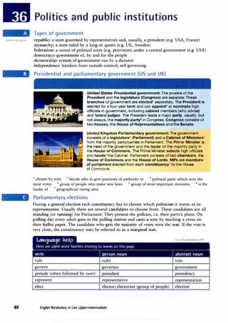 80
Politics and public institutions
Types of government
republic: a state governed by representatives and, usually, a president (e.g. USA, France)
monarchy: a state ruled by a king or queen (e.g. UK, Sweden)
federation: a union of political units (e.g. provinces) under a central government (e.g. USA)
democracy: government of, by and for the people
dictatorship: system of government run by a dictator
independence: freedom from outside control; self-governing
Presidential and parliamentary government (US and UK)
United States Presidential government: The powers of the
President and the legislature (Congress) are separate. These
branches of government are elected1
separately. The President is
elected for a four-year term and can appoint2
or nominate high
officials in government, including cabinet members (who advise)
and federal judges. The President leads a major party, usually, but
not always, the majority party3 in Congress. Congress consists of
two houses, the House of Representatives and the Senate.
United Kingdom Parliamentary government: The government
consists of a legislature4
(Parliament) and a Cabinet of Ministers5
from the majority party/parties in Parliament. The Prime Minister is
the head of the government and the leader of the majority party in
the House of Commons. The Prime Minister selects high officials
and heads6 the Cabinet. Parliament consists of two chambers, the
House of Commons and the House of Lords. MPs are members
of parliament elected from each constituency7
to the House
of Commons.
1 chosen by vote 2 decide who to give positions of authority to 3 political party which won the
most votes 4
group of people who make new laws 5
group of most important ministers 6
is the
leader of 7 geographical voting area
Parliamentary elections
During a general election each constituency has to choose which politician it wants as its
representative. Usually there are several candidates to choose from. These candidates are all
standing (or running) for Parliament. They present the policies, i.e. their party's plans. On
polling day every adult goes to the polling station and casts a vote by marking a cross on
their ballot paper. The candidate who gets the majority of votes wins the seat. If the vote is
very close, the constituency may be referred to as a marginal seat.
z , z, ,
• •
verb
rule
govern
' .
• •
preside (often followed by over)
represent
elect
I I I
I person noun
ruler
governor
president
I • I
representative
elector; electorate (group of people)
English Vocabulary in Use Upper-intermediate
www.irLanguage.com
I abstract noun
rule
government
presidency
representation
election
 