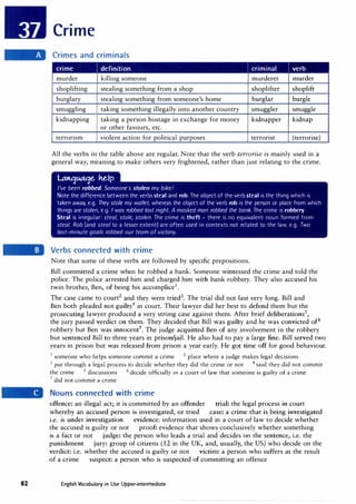 82
Crime
Crimes and criminals
crime 1 definition criminal I verb
murder killing someone murderer murder
shoplifting stealing something from a shop shoplifter shoplift
burglary stealing something from someone's home burglar burgle
smuggling taking something illegally into another country smuggler smuggle
kidnapping taking a person hostage in exchange for money kidnapper kidnap
or other favours, etc.
terrorism violent action for political purposes terrorist (terrorise)
All the verbs ir.- the table above are regular. Note that the verb ter�·orise is mainly used in a
general way, meaning to make others very frightened, rather than just relating to the crime.
Ltoqtcaqe. he.Ip
I've been robbed. Someone's stolen my bike!
Note the difference between the verbs steal and rob. The object of the verb steal is the thing which is
taken away, e.g. They stole my wallet, whereas the object of the verb rob is the person or place from which
things are stolen, e.g. I was robbed last night. A masked man robbed the bank. The crime is robbery.
Steal is irregular: steal, stole, stolen. The crime is theft - there is no equivalent noun formed from
steal. Rob (and steal to a lesser extent) are often used in contexts not related to the law, e.g. Two
lost-minute goals robbed our team of victory.
Verbs connected with crime
Note that some of these verbs are followed by specific prepositions.
Bill committed a crime when he robbed a bank. Someone witnessed the crime and told the
police. The police arrested him and charged him with bank robbery. They also accused his
twin brother, Ben, of being his accomplice1
•
The case came to court2
and they were tried3
• The trial did not last very long. Bill and
Ben both pleaded not guilty4
in court. Their lawyer did her best to defend them but the
prosecuting lawyer produced a very strong case against them. After brief deliberations5
,
the jury passed verdict on them. They decided that Bill was guilty and he was convicted of 6
robbery but Ben was innocent7
. The judge acquitted Ben of any involvement in the robbery
but sentenced Bill to three years in prison/jail. He also had to pay a large fine. Bill served two
years in prison but was released from prison a year early. He got time off for good behaviour.
1
someone who helps someone commit a crime 2
place where a judge makes legal decisions
3 put through a legal process to decide whether they did the crime or not 4 said they did not commit
the crime 5
discussions 6 decide officially in a court of law that someone is guilty of a crime
7
did not commit a crime
Nouns connected with crime
offence: an illegal act; it is committed by an offender trial: the legal process in court
whereby an accused person is investigated, or tried case: a crime that is being investigated
i.e. is under investigation evidence: information used in a court of law to decide whether
the accused is guilty or not proof: evidence that shows conclusively whether something
is a fact or not judge: the person who leads a trial and decides on the sentence, i.e. the
punishment jury: group of citizens (12 in the UK, and, usually, the US) who decide on the
verdict: i.e. whether the accused is guilty or not victim: a person who suffers as the result
of a crime suspect: a person who is suspected of committing an offence
English Vocabulary in Use Upper-intermediate
 