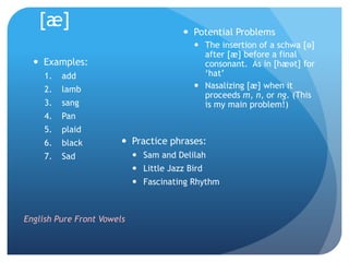 [æ]                                    Potential Problems
                                            The insertion of a schwa [ə]
                                             after [æ] before a final
   Examples:                                consonant. As in [hæət] for
     1.   add                                „hat‟
     2.   lamb                              Nasalizing [æ] when it
                                             proceeds m, n, or ng. (This
     3.   sang                               is my main problem!)
     4.   Pan
     5.   plaid
     6.   black          Practice phrases:
     7.   Sad                Sam and Delilah
                             Little Jazz Bird
                             Fascinating Rhythm



English Pure Front Vowels
 