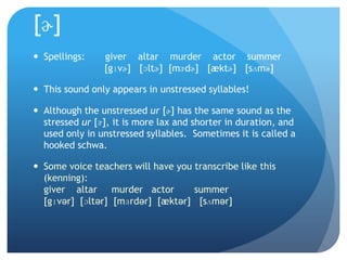 [ɚ]
 Spellings:    giver altar murder actor summer
                [gɪvɚ] [ɔltɚ] [mɝdɚ] [æktɚ] [sʌmɚ]

 This sound only appears in unstressed syllables!

 Although the unstressed ur [ɚ] has the same sound as the
  stressed ur [ɝ], it is more lax and shorter in duration, and
  used only in unstressed syllables. Sometimes it is called a
  hooked schwa.

 Some voice teachers will have you transcribe like this
  (kenning):
  giver altar murder actor          summer
  [gɪvər] [ɔltər] [mɜrdər] [æktər] [sʌmər]
 