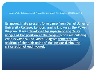 Joan Wall, International Phonetic Alphabet for Singers (1989), p. 15



Its approximate present form came from Daniel Jones of
University College. London. and is known as the Vowel
Diagram. It was developed by superimposing X-ray
images of the position of the tongue when articulating
various vowels. The Vowel Diagram indicates the
position of the high point of the tongue during the
articulation of each vowel.
 