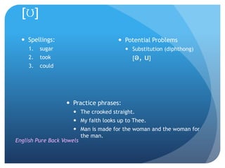 [ʊ]

   Spellings:                         Potential Problems
    1.   sugar                           Substitution (diphthong)
    2.   took                              [ə,   u]
    3.   could




                   Practice phrases:
                      The crooked straight.
                      My faith looks up to Thee.
                       Man is made for the woman and the woman for
                         the man.
English Pure Back Vowels
 