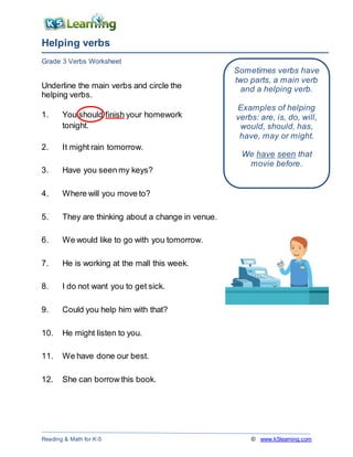 Helping verbs
Grade 3 Verbs Worksheet
Reading & Math for K-5 © www.k5learning.com
Underline the main verbs and circle the
helping verbs.
1. You should finish your homework
tonight.
2. It might rain tomorrow.
3. Have you seen my keys?
4. Where will you move to?
5. They are thinking about a change in venue.
6. We would like to go with you tomorrow.
7. He is working at the mall this week.
8. I do not want you to get sick.
9. Could you help him with that?
10. He might listen to you.
11. We have done our best.
12. She can borrow this book.
Sometimes verbs have
two parts, a main verb
and a helping verb.
Examples of helping
verbs: are, is, do, will,
would, should, has,
have, may or might.
We have seen that
movie before.
 