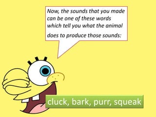 Now, the sounds that you made
can be one of these words
which tell you what the animal
does to produce those sounds:
cluck, bark, purr, squeak
 