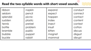 Read the two-syllable words with short vowel sounds.
 