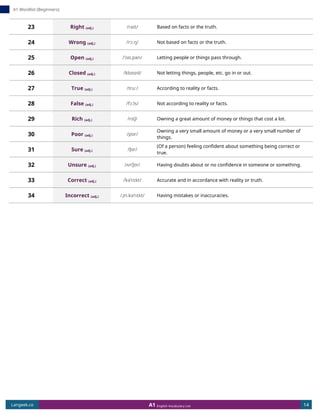 Basic Facts A1 English Wordlist A1 CEFR | Beginner Vocabulary by LanGeek | PDF