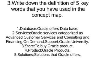 3.Write down the definition of 5 key
  words that you have used in the
          concept map.

       1.Database:Oracle offers Data base.
    2.Services:Oracle services categorized as
Advanced Customer Services and Consulting and
Financing,On Demand,Support,Oracle University.
          3.Store:To buy Oracle product.
            4.Product:Oracle Products.
     5.Solutions:Solutions that Oracle offers.
 